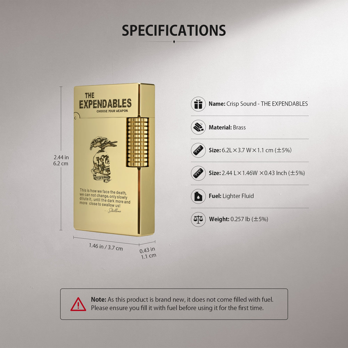 Technical specifications and maintenance guide for the Side Slip The Expendables etched lighter, detailing brass material, dimensions, and refill instructions.