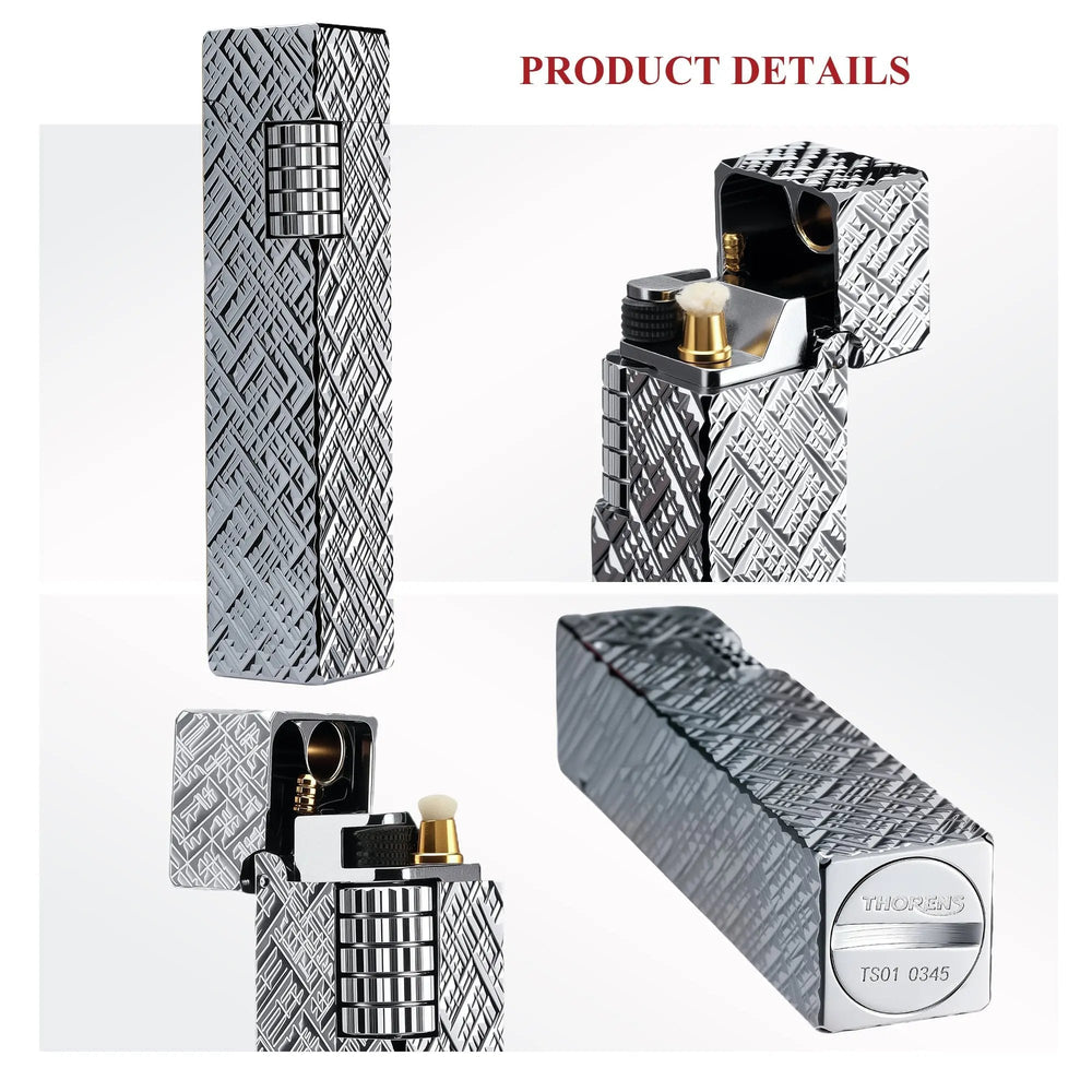 Product detail collage of a silver carved Thorens rectangular side-slip lighter, showing the closed front view, open ignition structure with wick and flint wheel, side profile, and engraved base detail on a clean light background