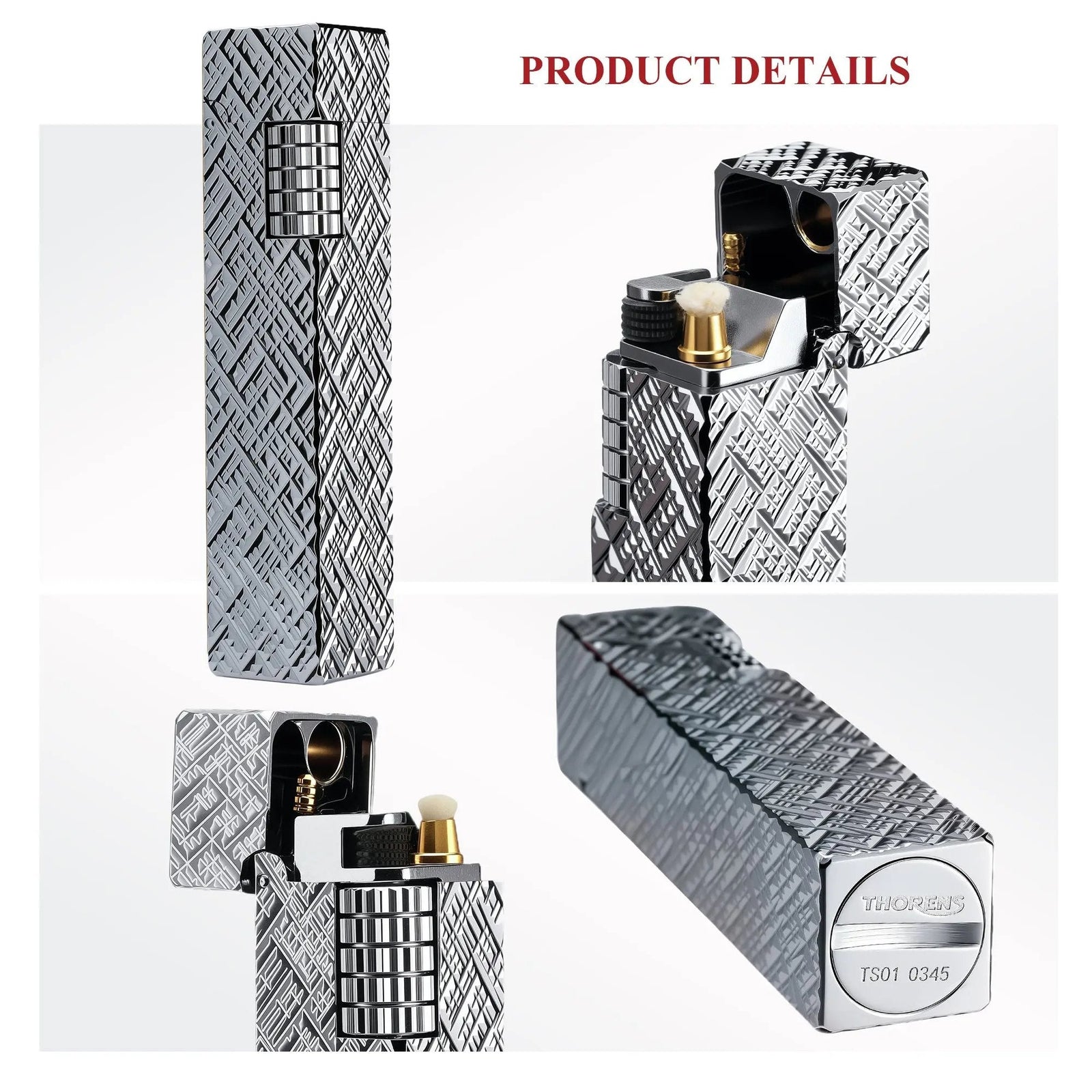 Product detail collage of a silver carved Thorens rectangular side-slip lighter, showing the closed front view, open ignition structure with wick and flint wheel, side profile, and engraved base detail on a clean light background