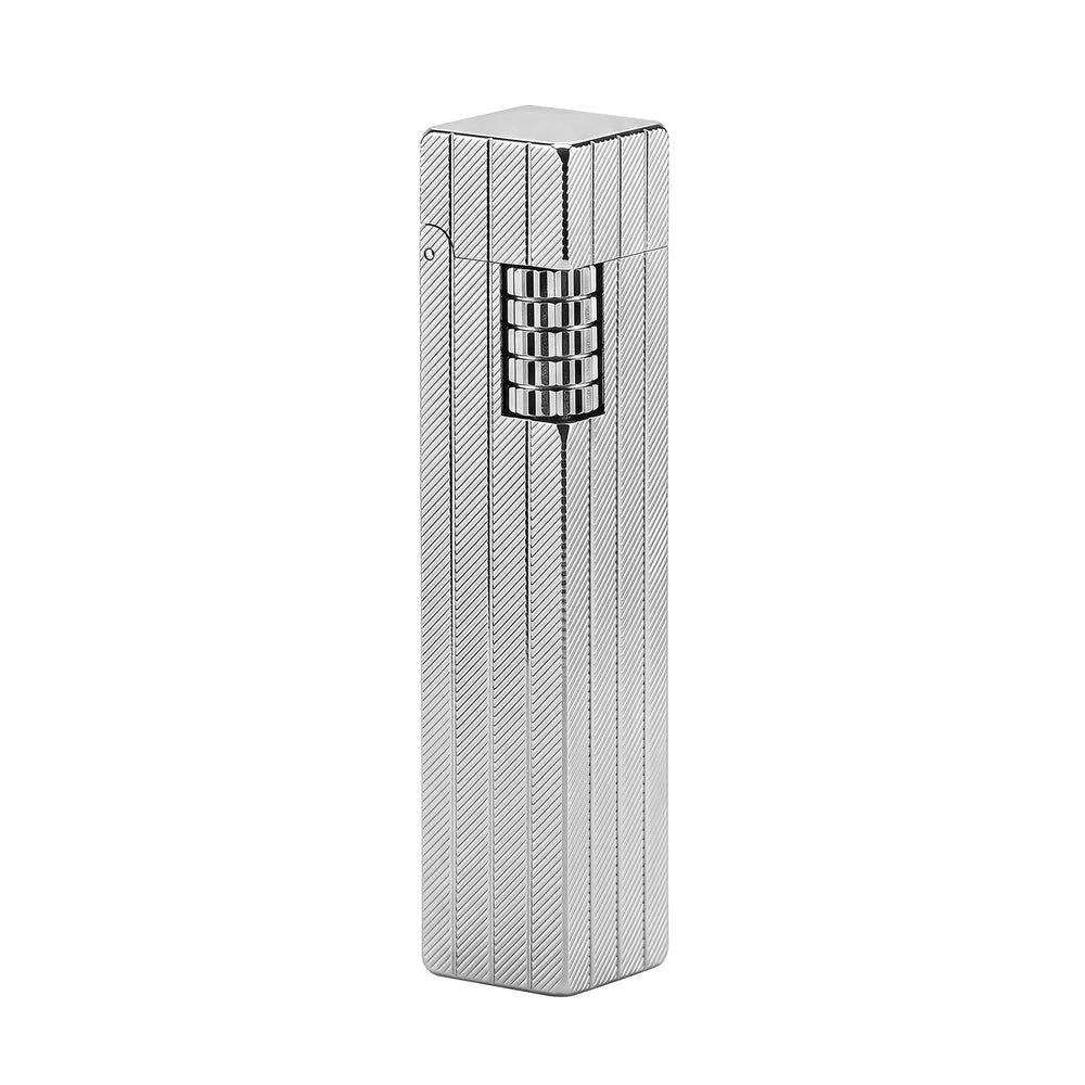 Thorens rectangular lighter in silver shown closed, featuring diagonal engraved brass surface, slim rectangular form, and integrated side ignition wheel.