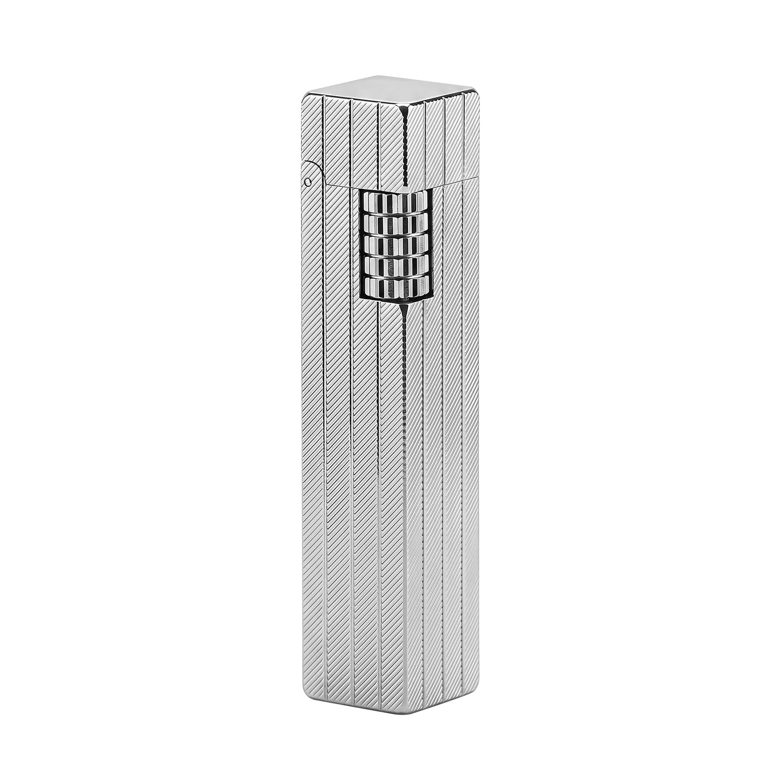 Thorens rectangular lighter in silver shown closed, featuring diagonal engraved brass surface, slim rectangular form, and integrated side ignition wheel.