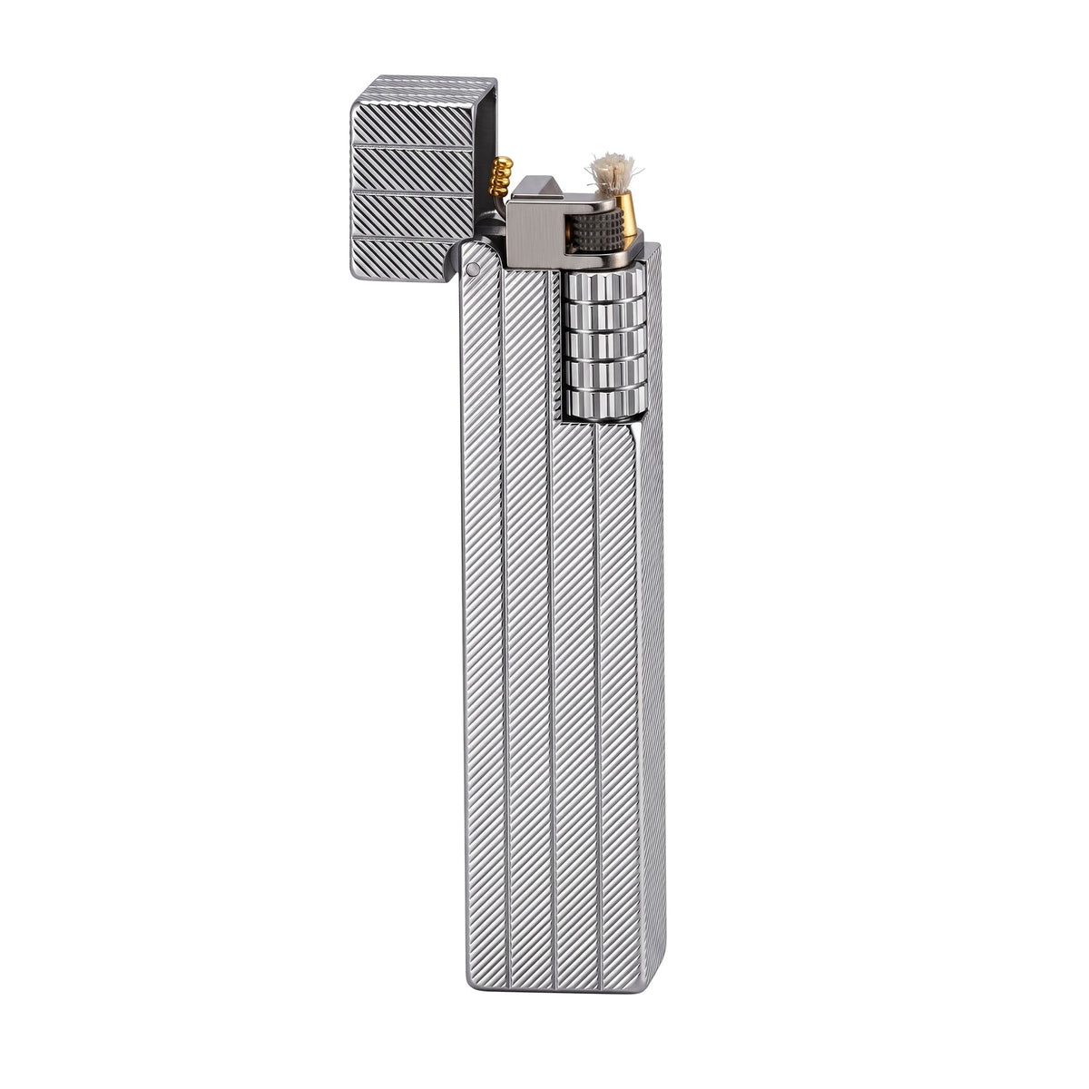 Thorens rectangular lighter in silver shown with lid open, revealing diagonal engraved brass body, exposed flint wheel, wick, and internal ignition components.