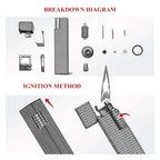 Breakdown diagram and ignition method graphic for a silver small square textured Thorens side-slip rectangular lighter, showing internal parts and side-slide opening action