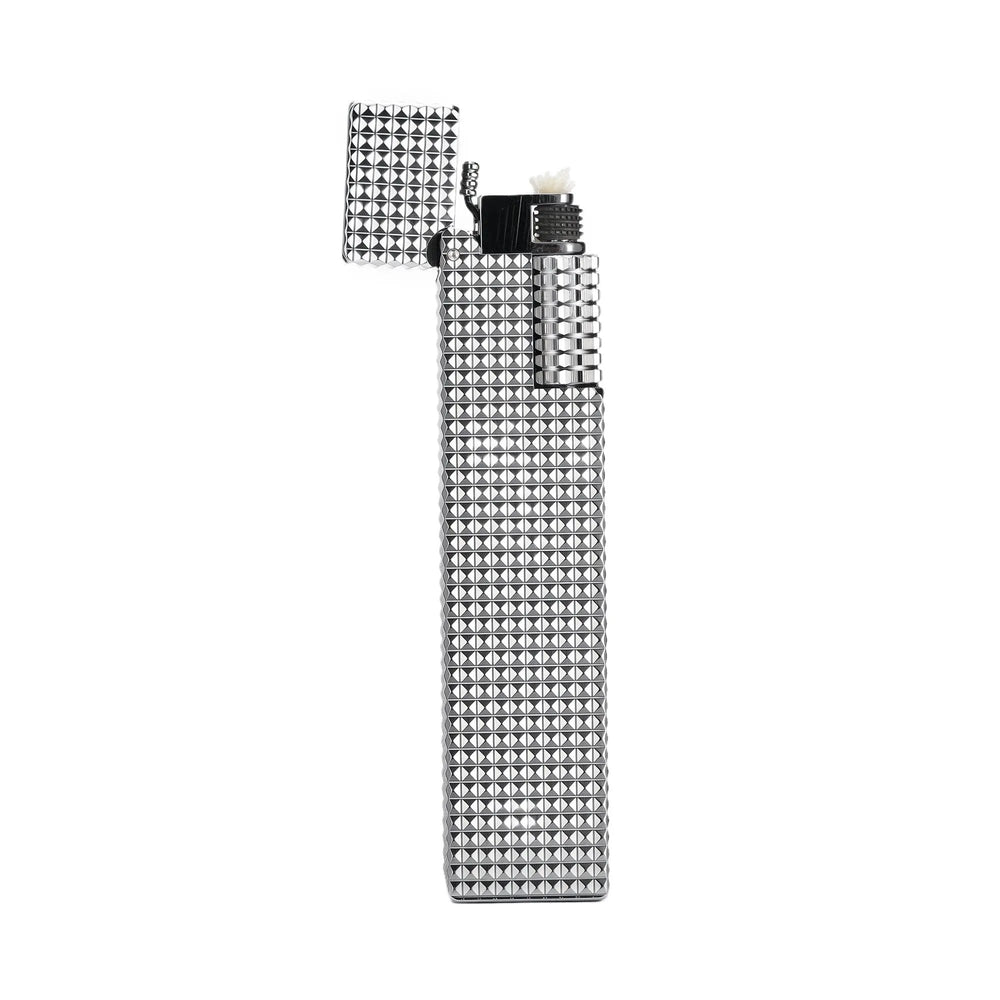 Front view of an open silver small square textured Thorens side-slip rectangular lighter with visible flint wheel and wick against a light background