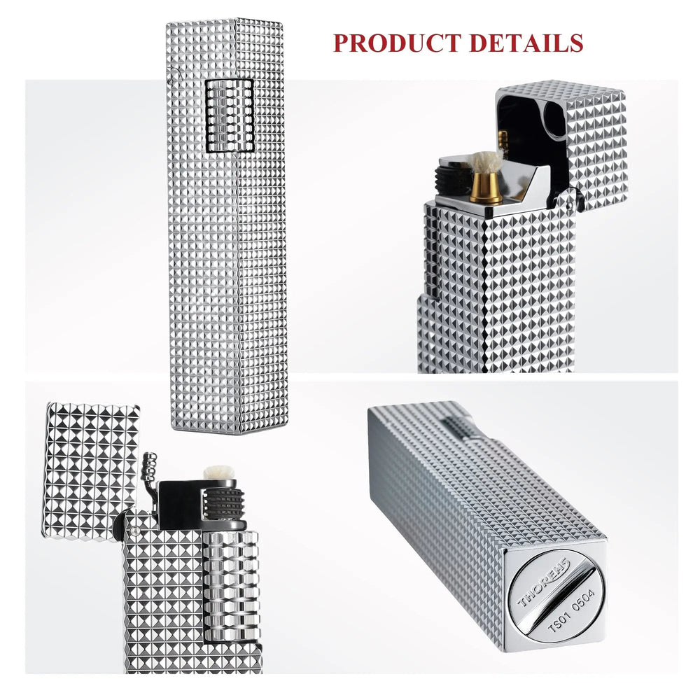 Product details collage of a silver small square textured Thorens side-slip rectangular lighter showing full body view, open ignition structure, and base engraving