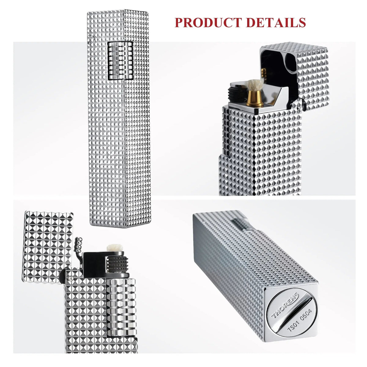 Product details collage of a silver small square textured Thorens side-slip rectangular lighter showing full body view, open ignition structure, and base engraving