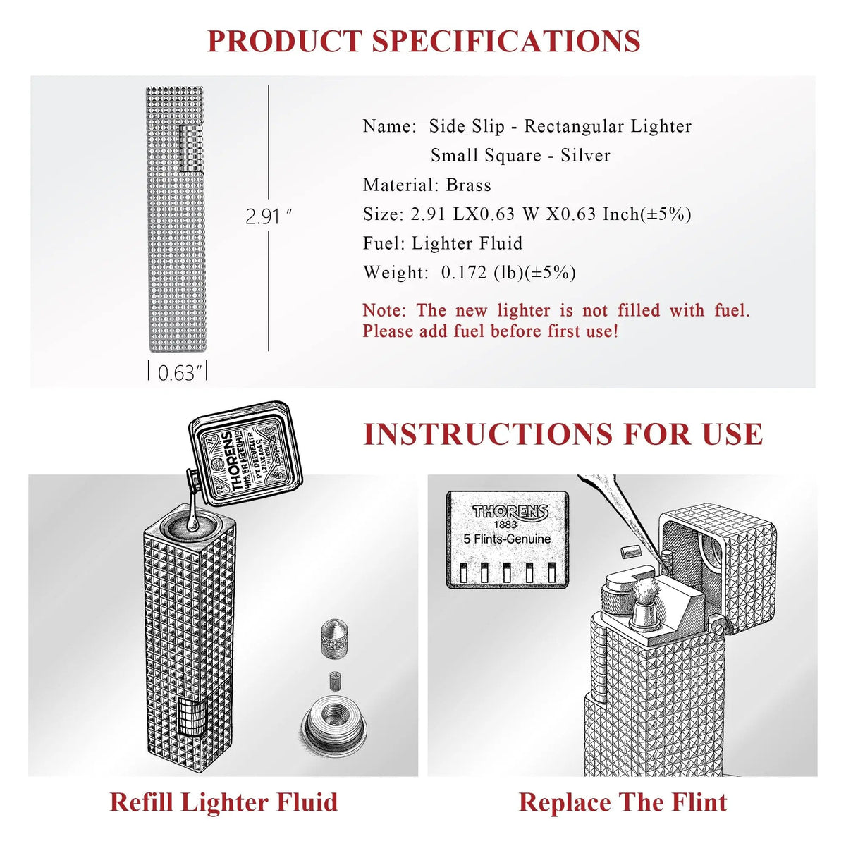 Product specifications and instructions for use graphic for a silver small square textured Thorens side-slip rectangular lighter, including size, brass material, lighter fluid refill, and flint replacement steps