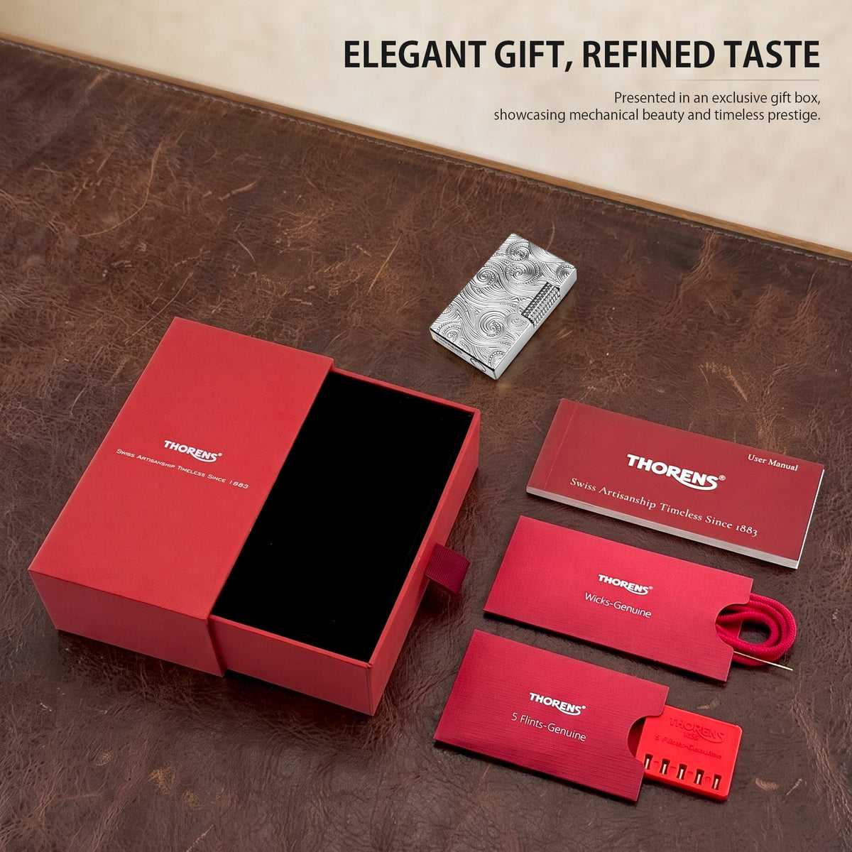 A comprehensive product list graphic for the silver Vortex engraved Side Slip lighter, showing the ornate lighter nestled in a premium textured red gift box, accompanied by official Thorens maintenance essentials: a 5-pack of flints, high-performance wicks, and the Swiss heritage user manual.