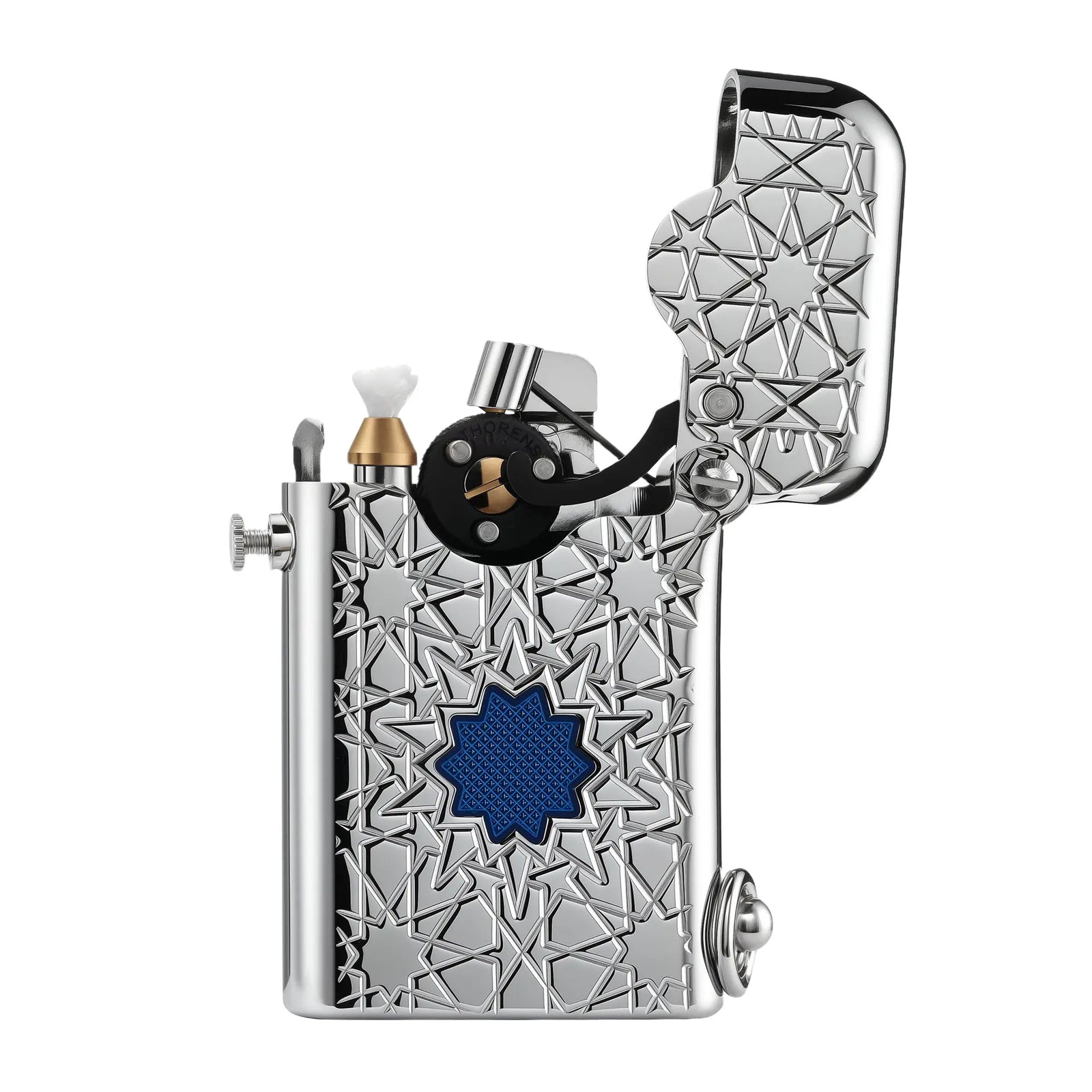 An ignited silver Thorens Gen 1 Single Claw lighter with star engravings and a blue lucky star inlay, showing a steady yellow flame against a dark chessboard background.