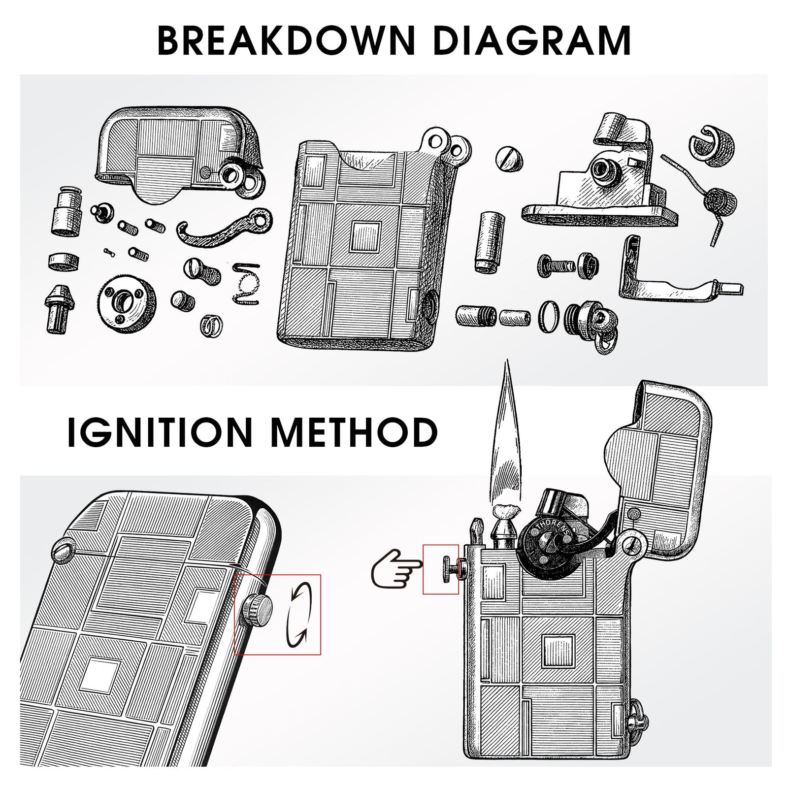 A technical breakdown diagram of the Thorens Single Claw lighter with geometric engravings, illustrating the internal mechanical components and the correct ignition method.
