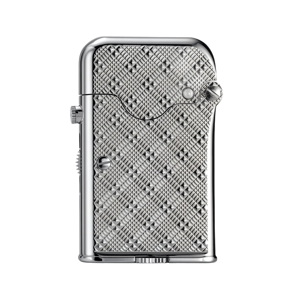 A front view of the precision-engineered Thorens Single Claw Teleflam mechanical lighter in polished chrome, featuring an intricate engraved plum pattern texture across the body.