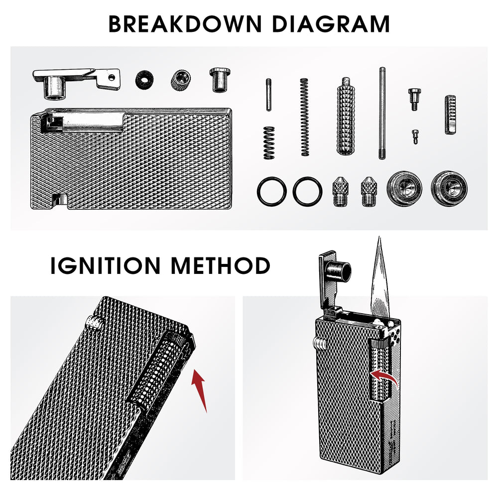 Technical diagram of Thorens Slim Cube Black Mesh lighter showing separated internal parts and side roller ignition method with flame.
