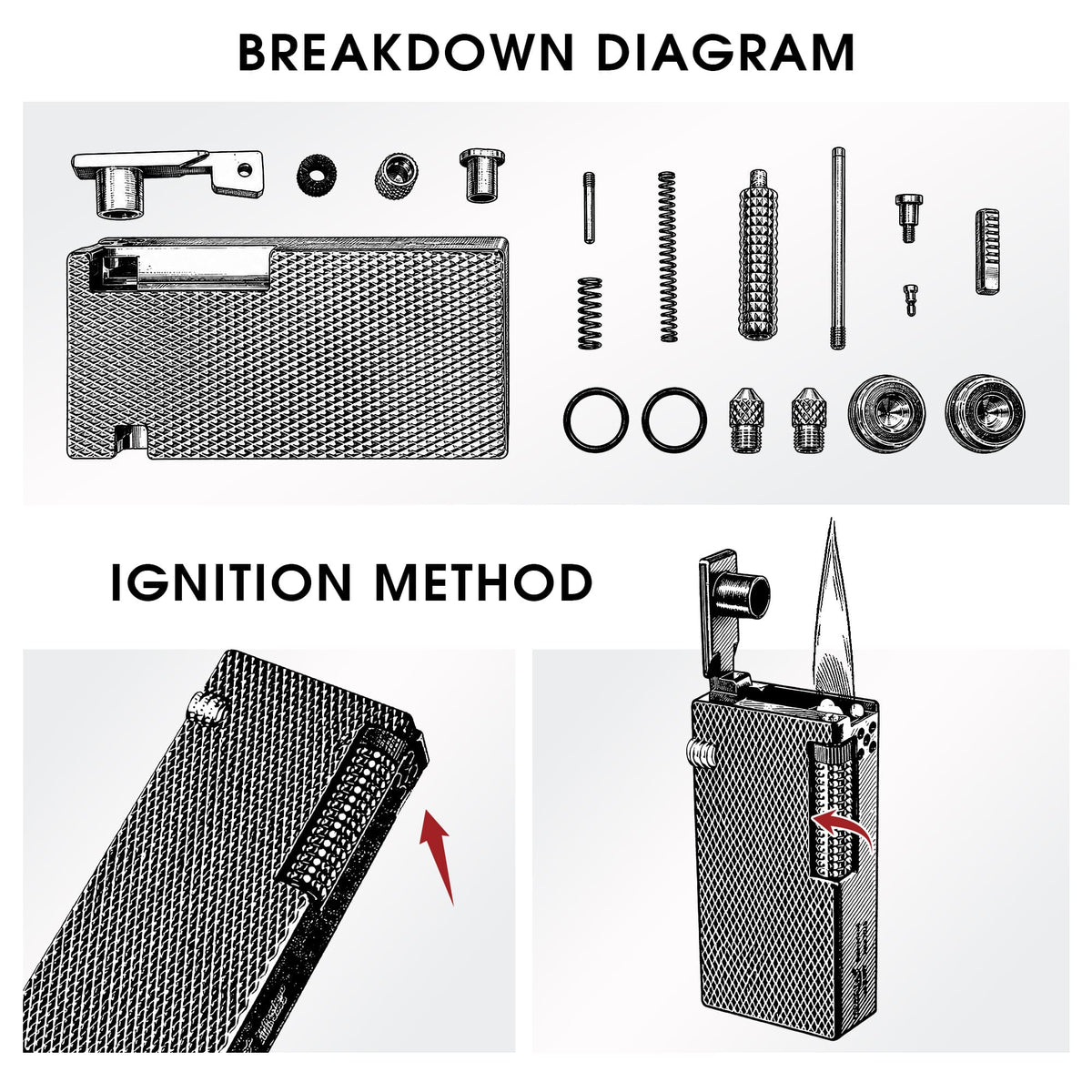 Technical diagram of Thorens Slim Cube Black Mesh lighter showing separated internal parts and side roller ignition method with flame.