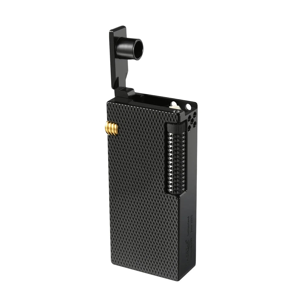 Front angled view of a Thorens Slim Cube Black Mesh lighter with lid open, showing the textured black brass body, side ignition roller, and compact geometric silhouette on a clean background