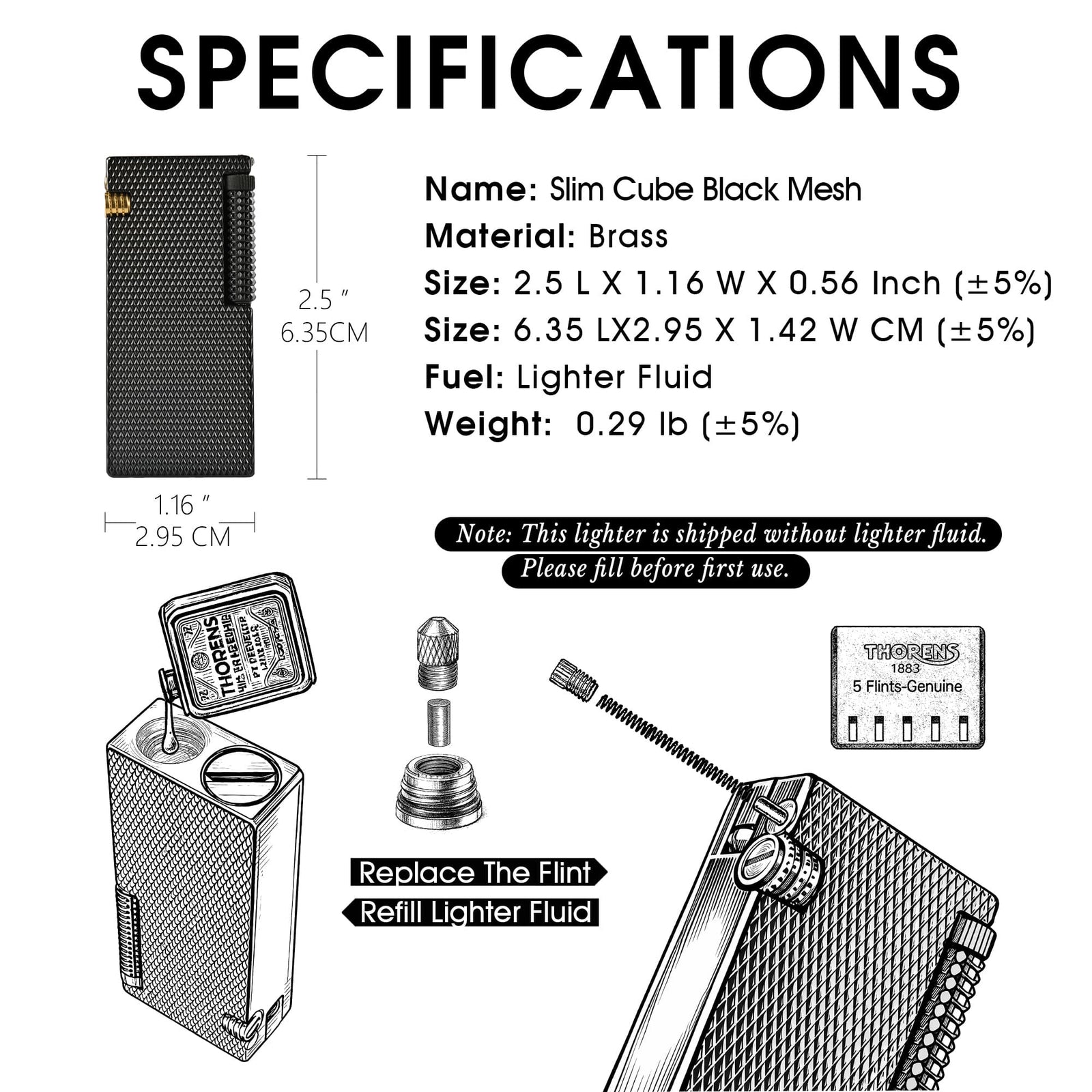 Product specifications and use instructions for a Thorens Slim Cube Black Mesh lighter, showing size reference, brass construction details, lighter fluid refill method, and flint replacement diagram on a clean instructional layout