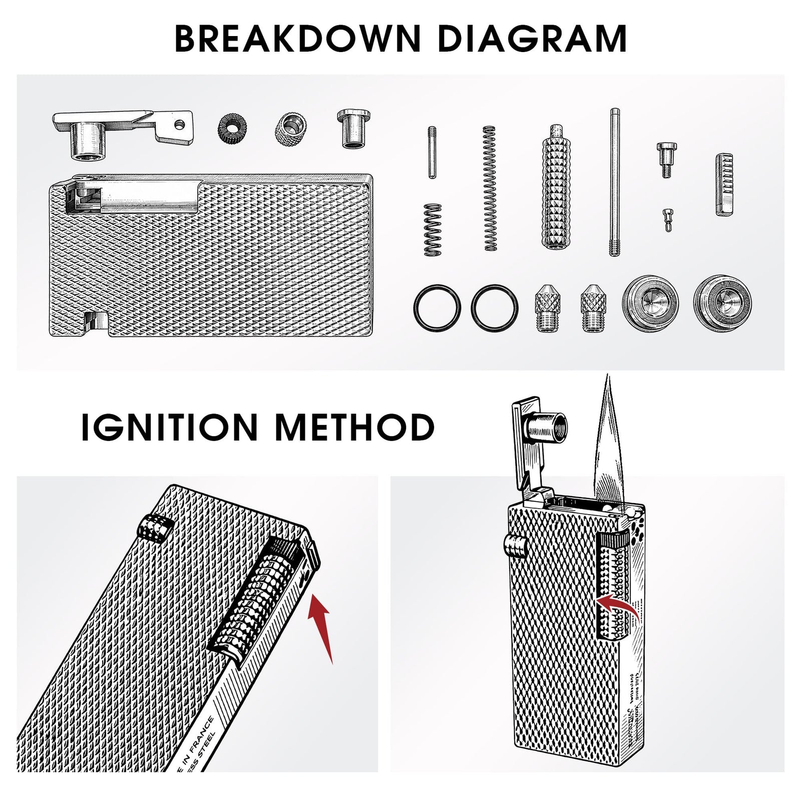 Technical diagram of Thorens Slim Cube Golden Mesh lighter showing separated internal parts and side roller ignition method with flame.