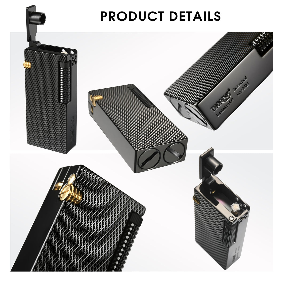A multi-angle product detail collage of the Thorens Slim Cube lighter in Black Mesh, showcasing the textured cross-hatch finish, the "Thorens Switzerland" limited edition engraving on the base, and the precision mechanical brass accents. Close-ups highlight the top-loading flint chamber and the signature mechanical precision of this premium EDC collectible.