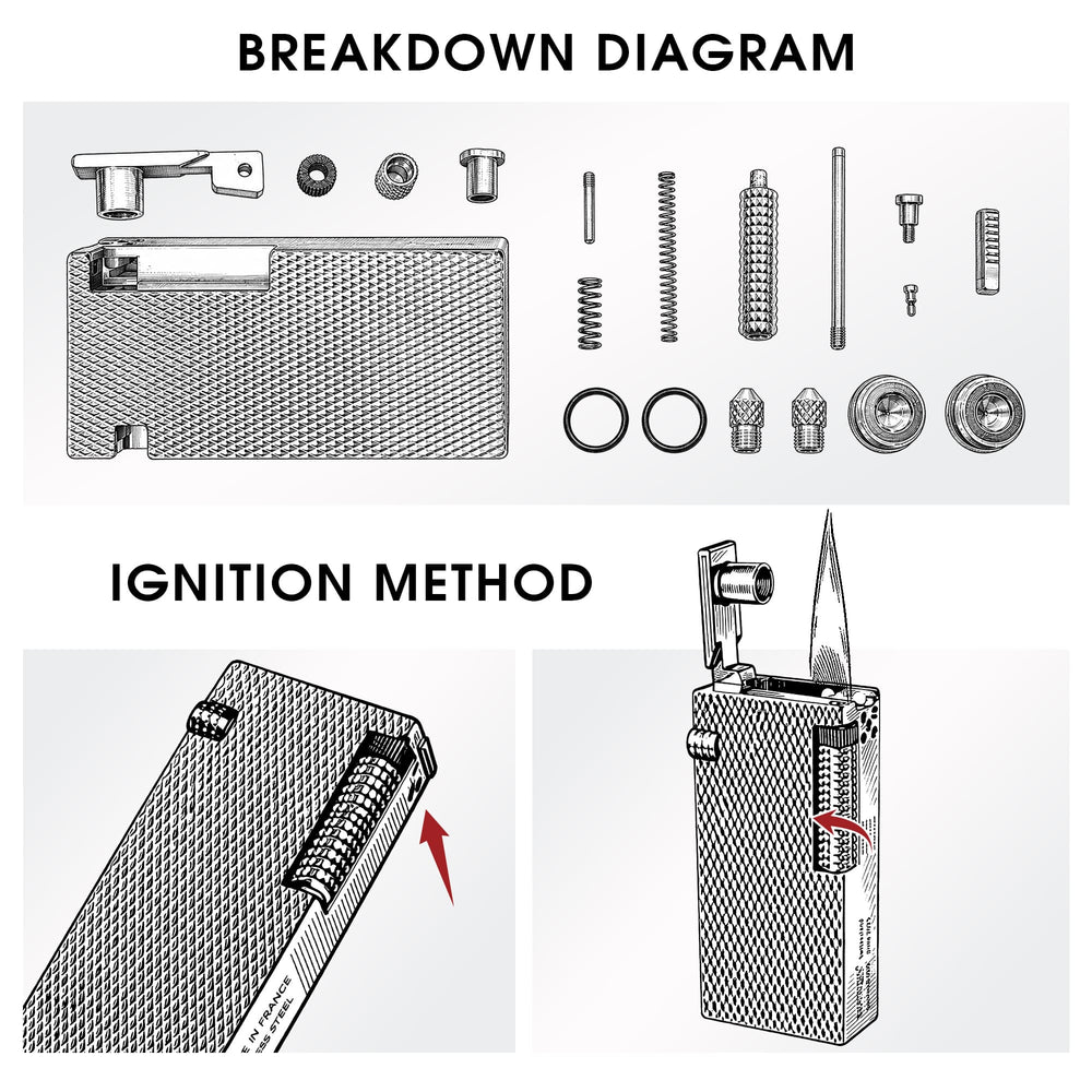 Technical diagram of Thorens Slim Cube Silver Mesh lighter showing separated internal parts and side roller ignition method with flame.