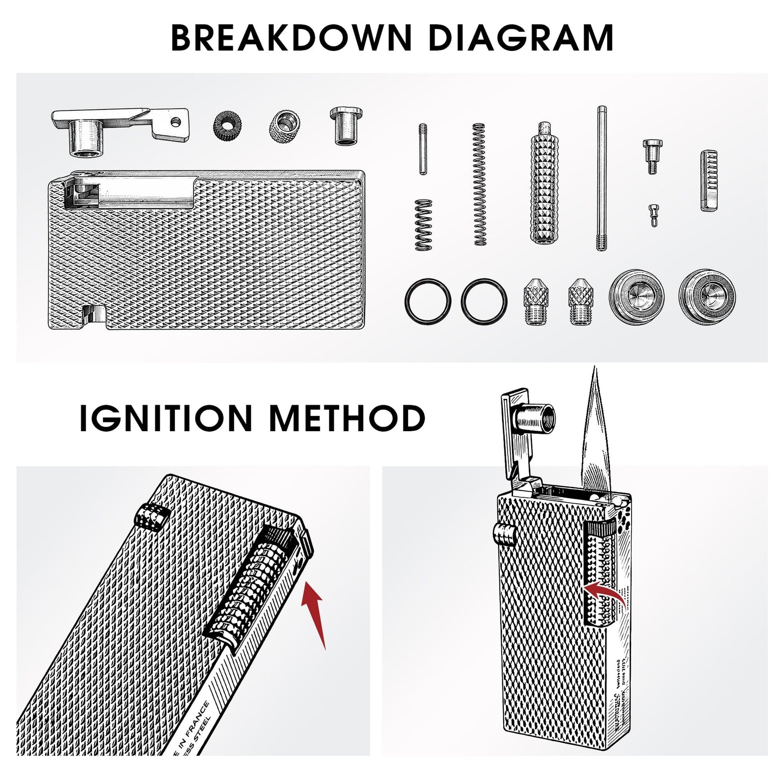 Technical diagram of Thorens Slim Cube Silver Mesh lighter showing separated internal parts and side roller ignition method with flame.