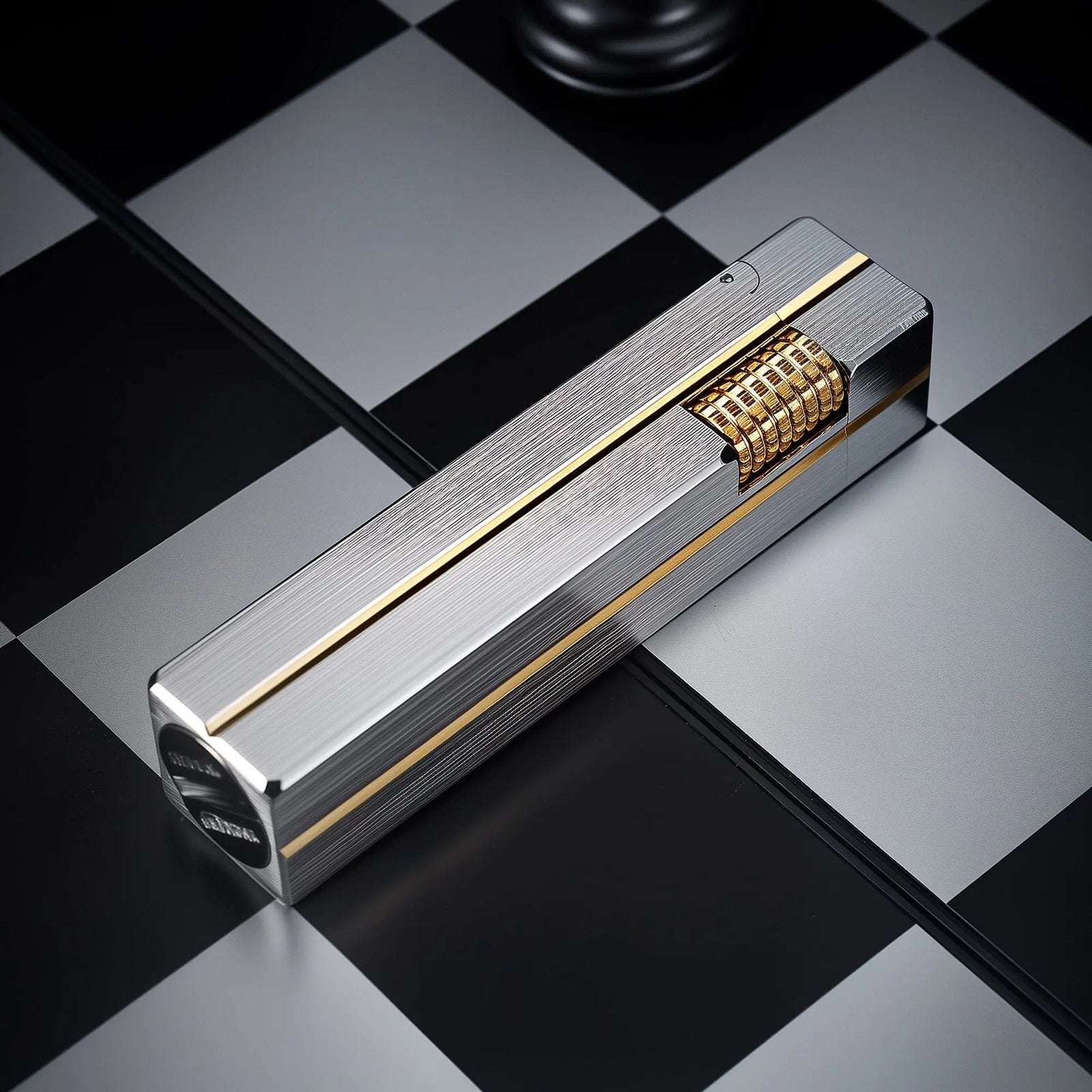 A rectangular Side Slip Star Shine lighter with a textured silver finish and gold-tone accents resting on a black and white checkered surface.