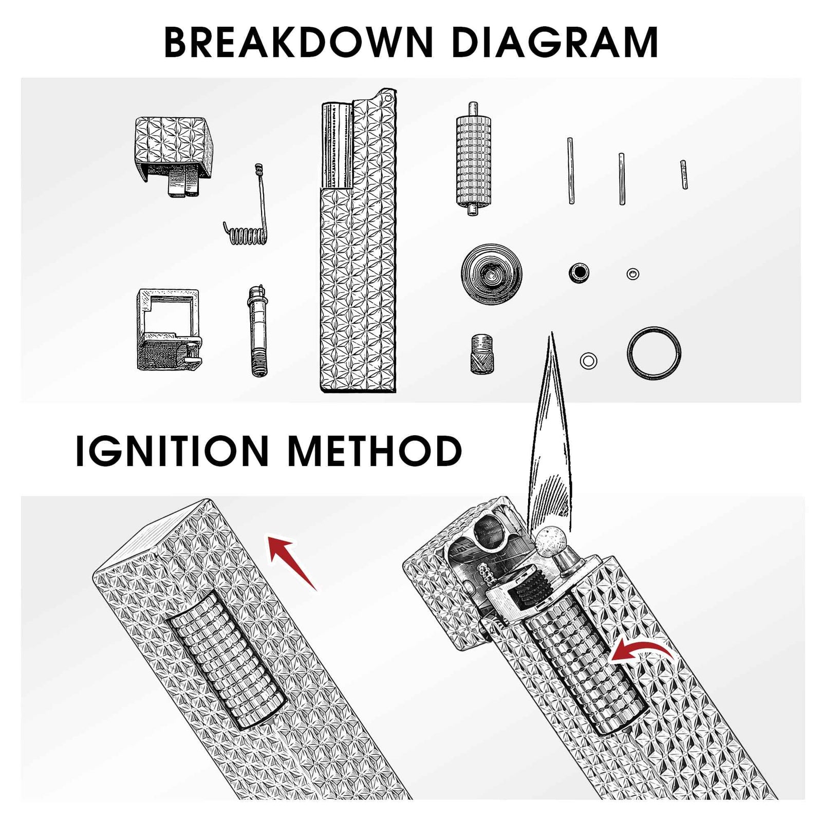 Technical breakdown diagram of the Thorens rectangular lighter with starburst pattern and extended roller, showing internal components and side-slide ignition method.