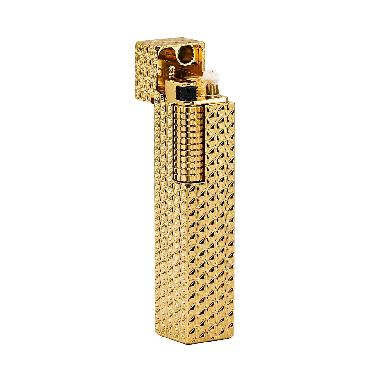 Thorens rectangular lighter with gold starburst pattern and extended roller shown open, revealing wick, flint wheel, and internal ignition assembly.