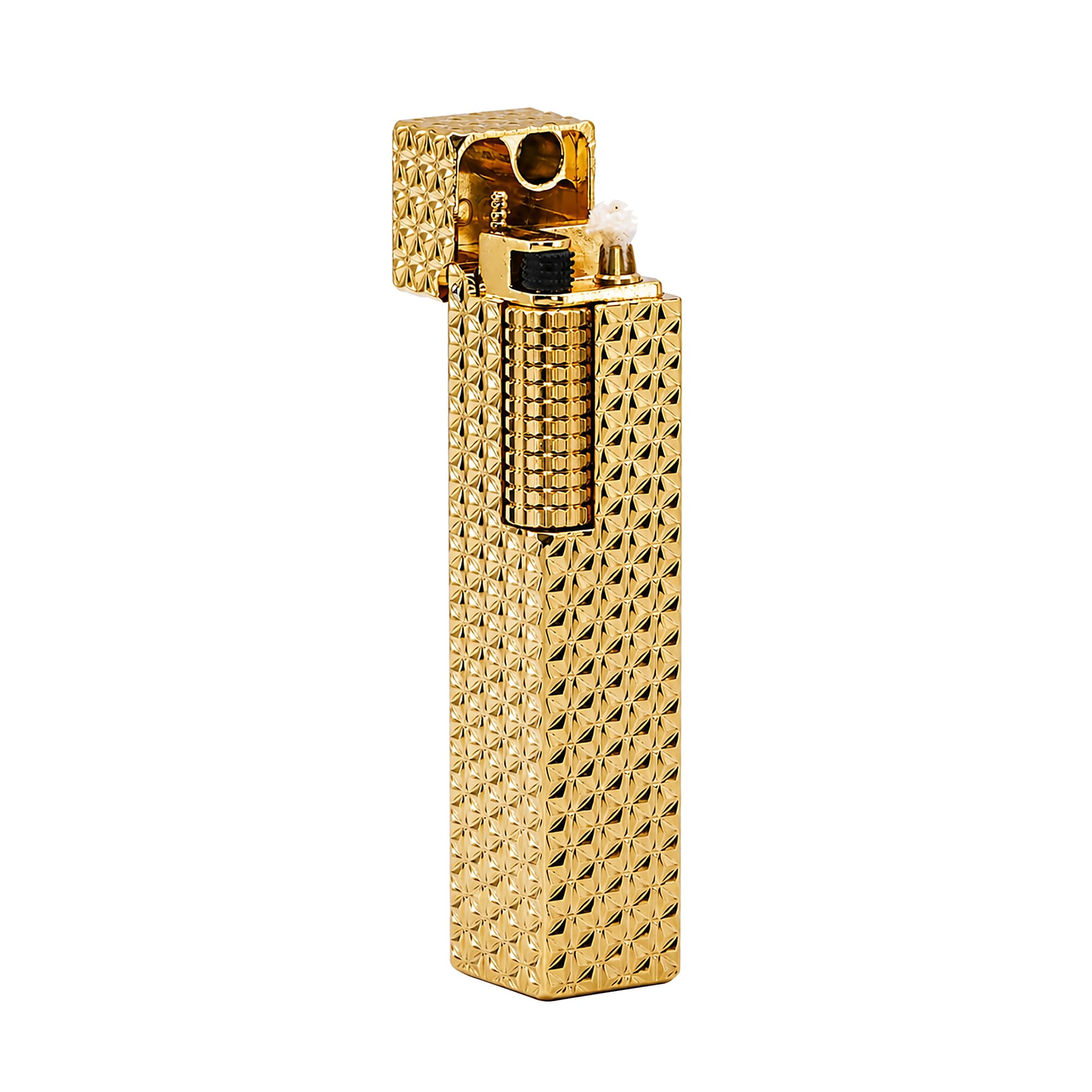 Thorens rectangular lighter with gold starburst pattern and extended roller shown open, revealing wick, flint wheel, and internal ignition assembly.