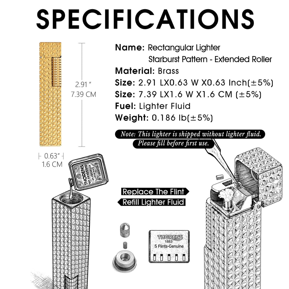 Thorens rectangular lighter with starburst pattern and extended roller, showing size, brass body, fluid refill, and flint replacement diagrams.