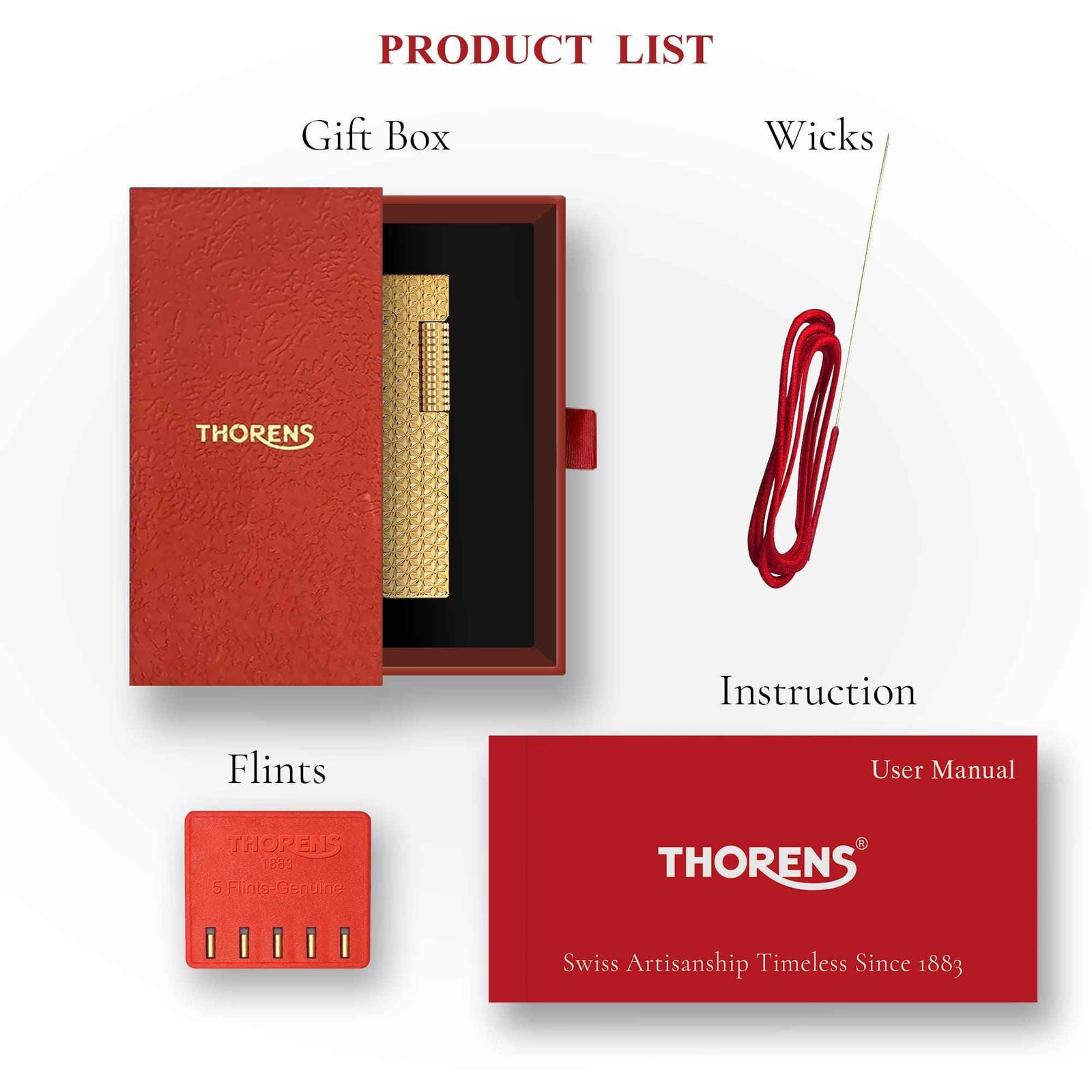 Thorens rectangular lighter with starburst pattern and extended roller presented in a red gift box with wick, flints, and instruction manual arranged beside it.