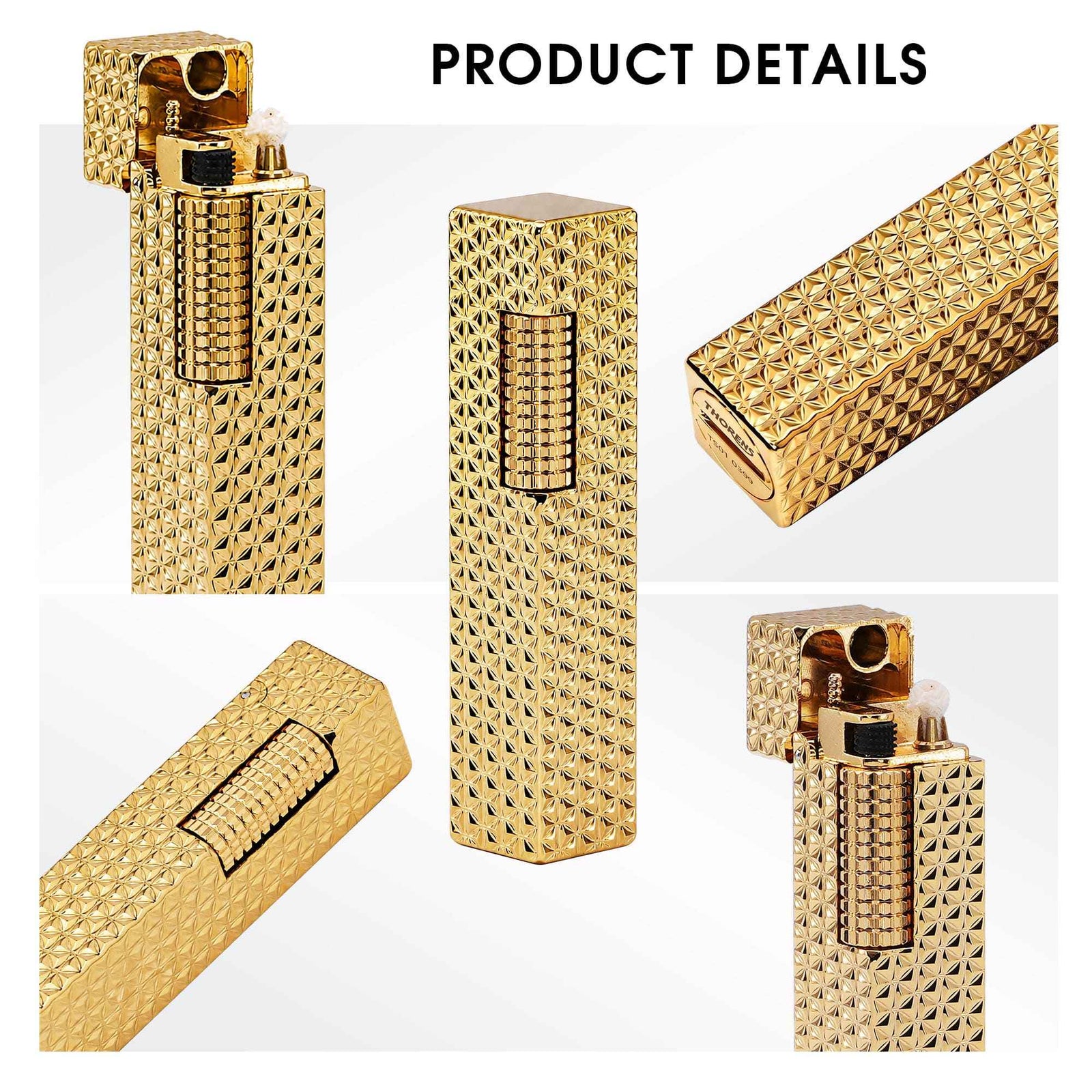 Thorens rectangular lighter with gold starburst pattern and extended roller shown in detail views, highlighting open ignition, base, and engraved brass texture.