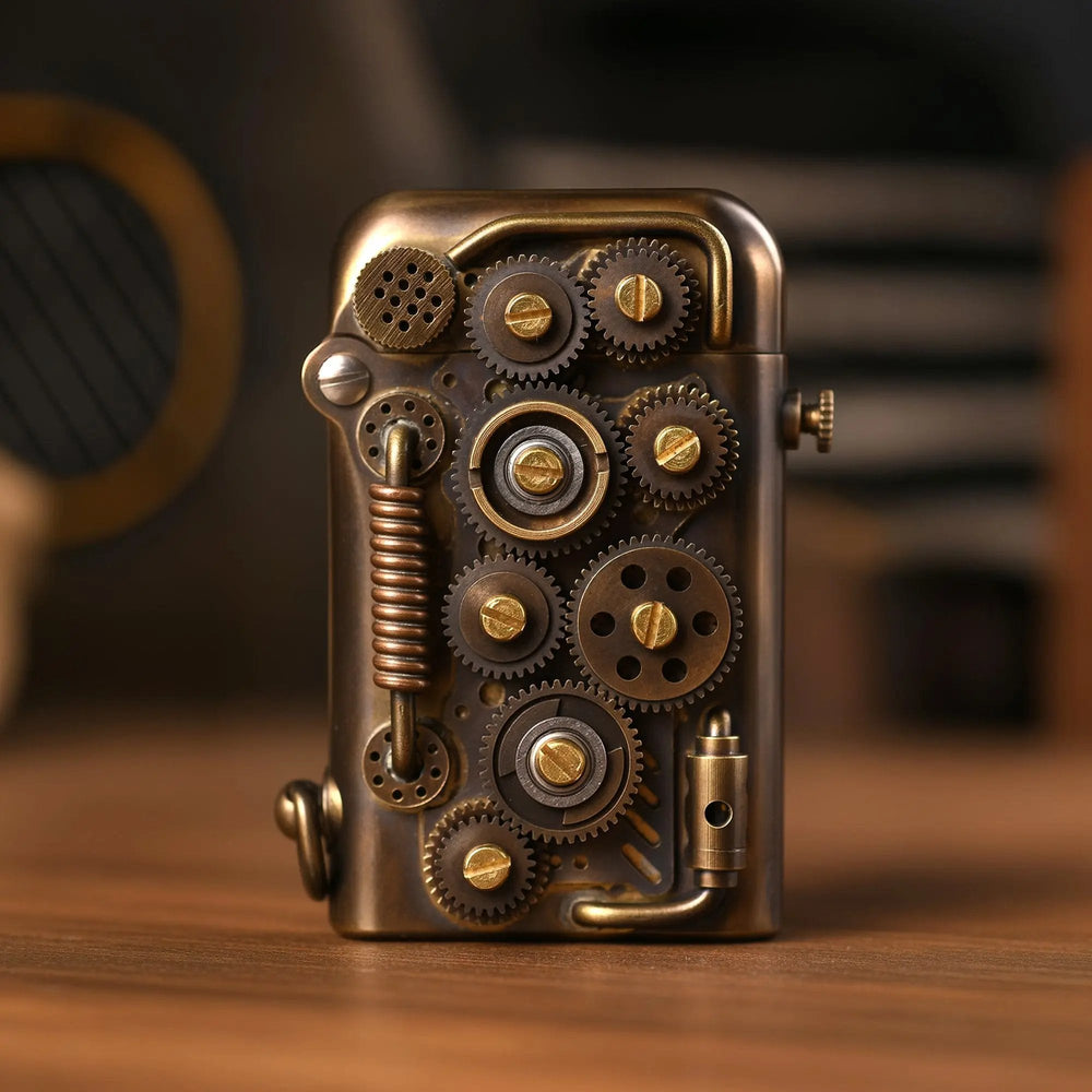 A front-facing view of the Thorens Steampunk-Abyss Coil lighter, displaying its industrial brass gears and copper-toned coil on a warm wooden surface.