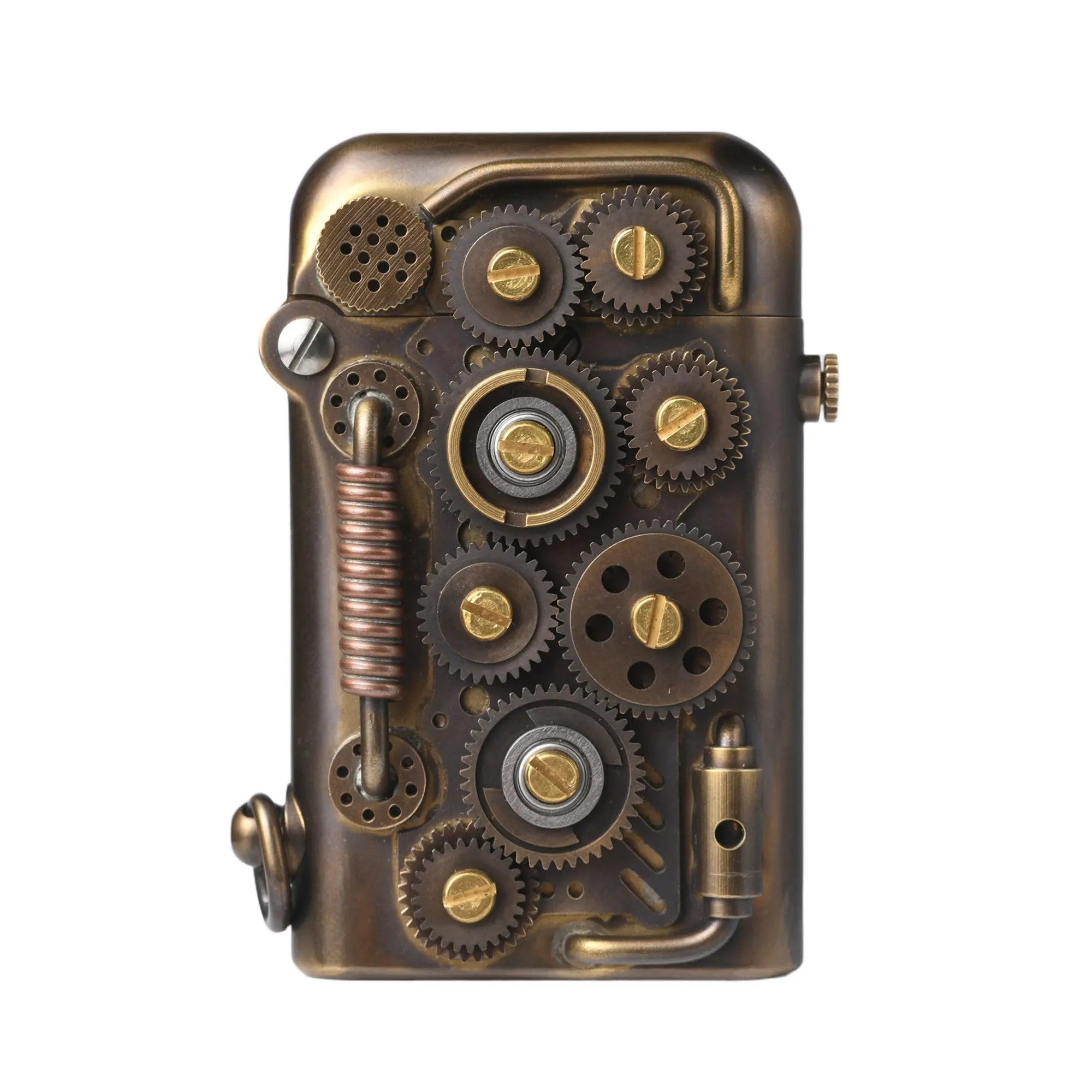 A complex Steampunk-Abyss Coil lighter in antique bronze finish, featuring an elaborate arrangement of functional-style gears, copper-tone coils, and industrial piping details.