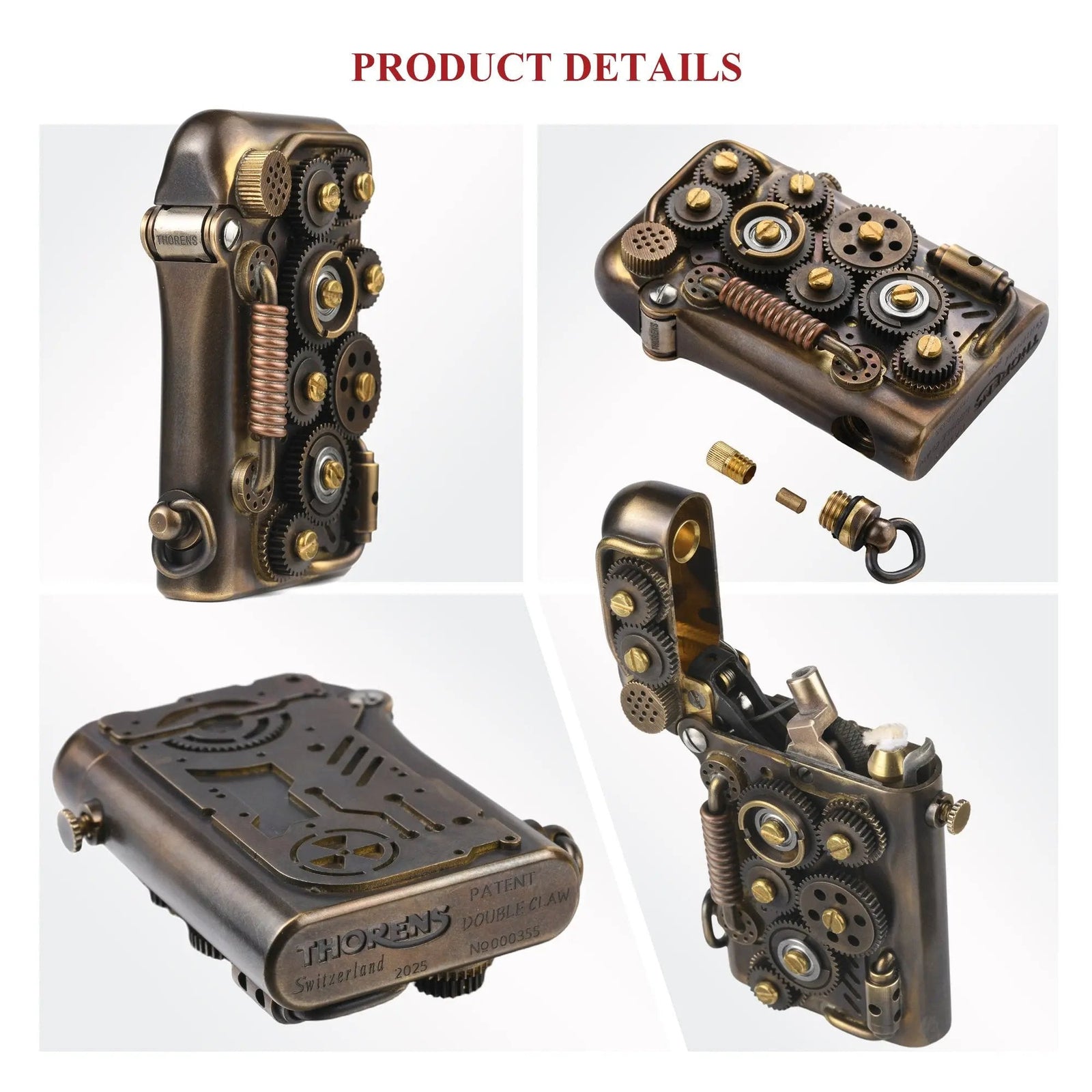 Close-up product details of the brass Steampunk-Abyss Coil lighter, showing the rotating gears, copper coil, and engraved "Double Claw" patent bottom.