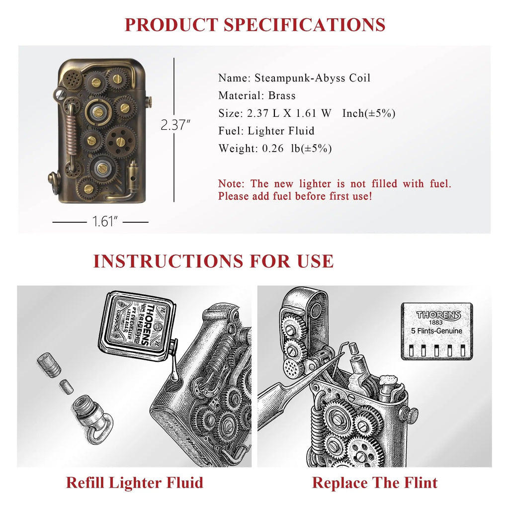 Product specifications and usage instructions for the brass Steampunk-Abyss Coil lighter, detailing fuel refilling and flint replacement steps.