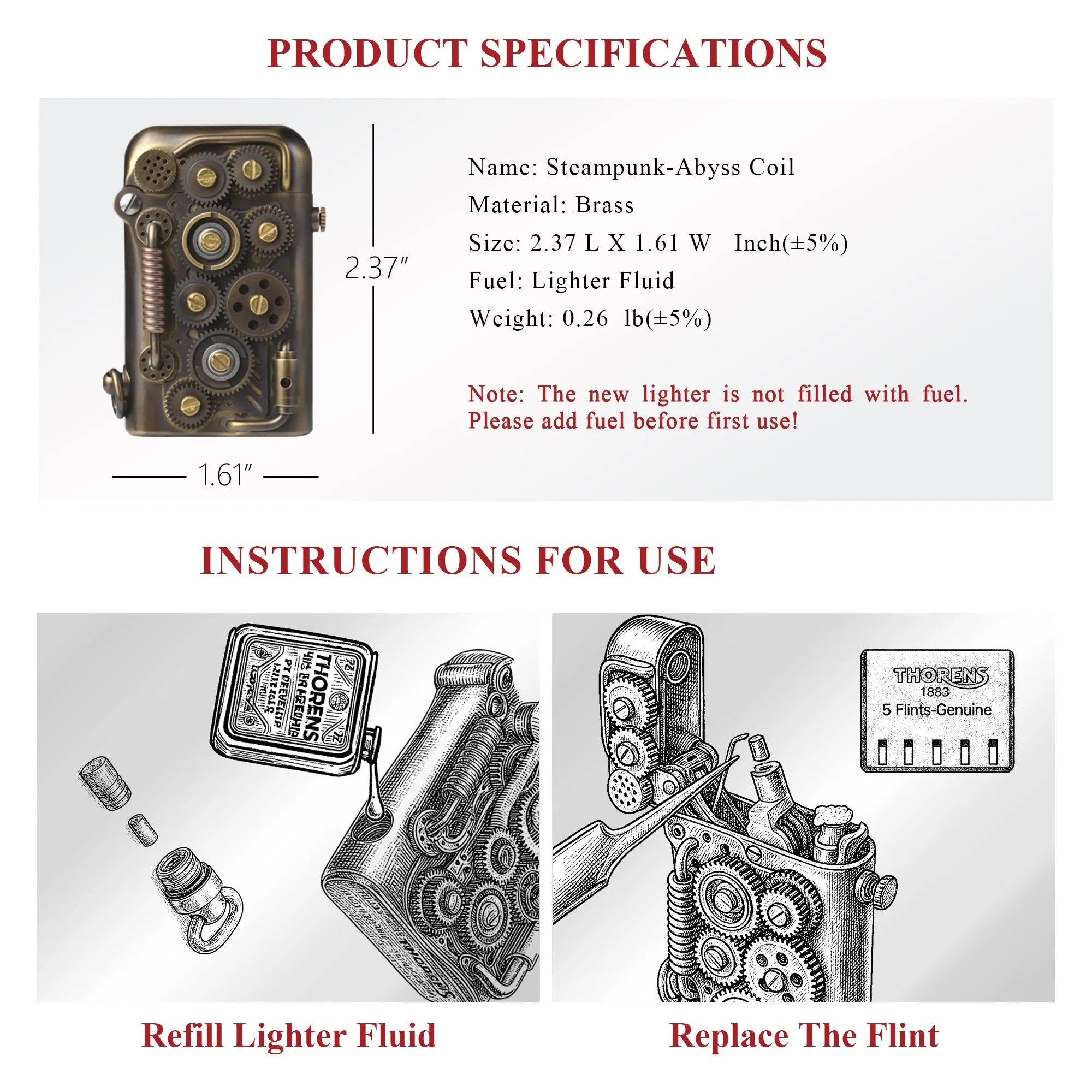 Product specifications and usage instructions for the brass Steampunk-Abyss Coil lighter, detailing fuel refilling and flint replacement steps.