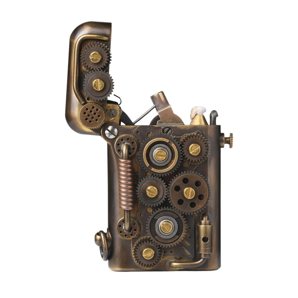 A profile view of the brass Steampunk-Abyss Coil lighter with its lid open, revealing the internal gear drive and mechanical ignition assembly.