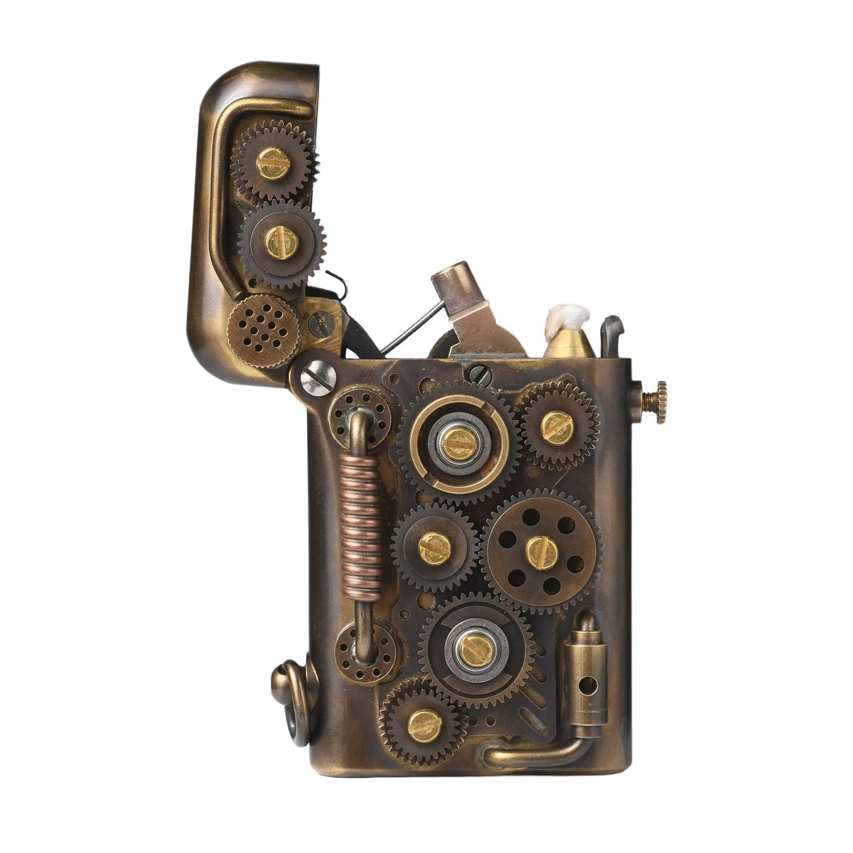 A profile view of the brass Steampunk-Abyss Coil lighter with its lid open, revealing the internal gear drive and mechanical ignition assembly.