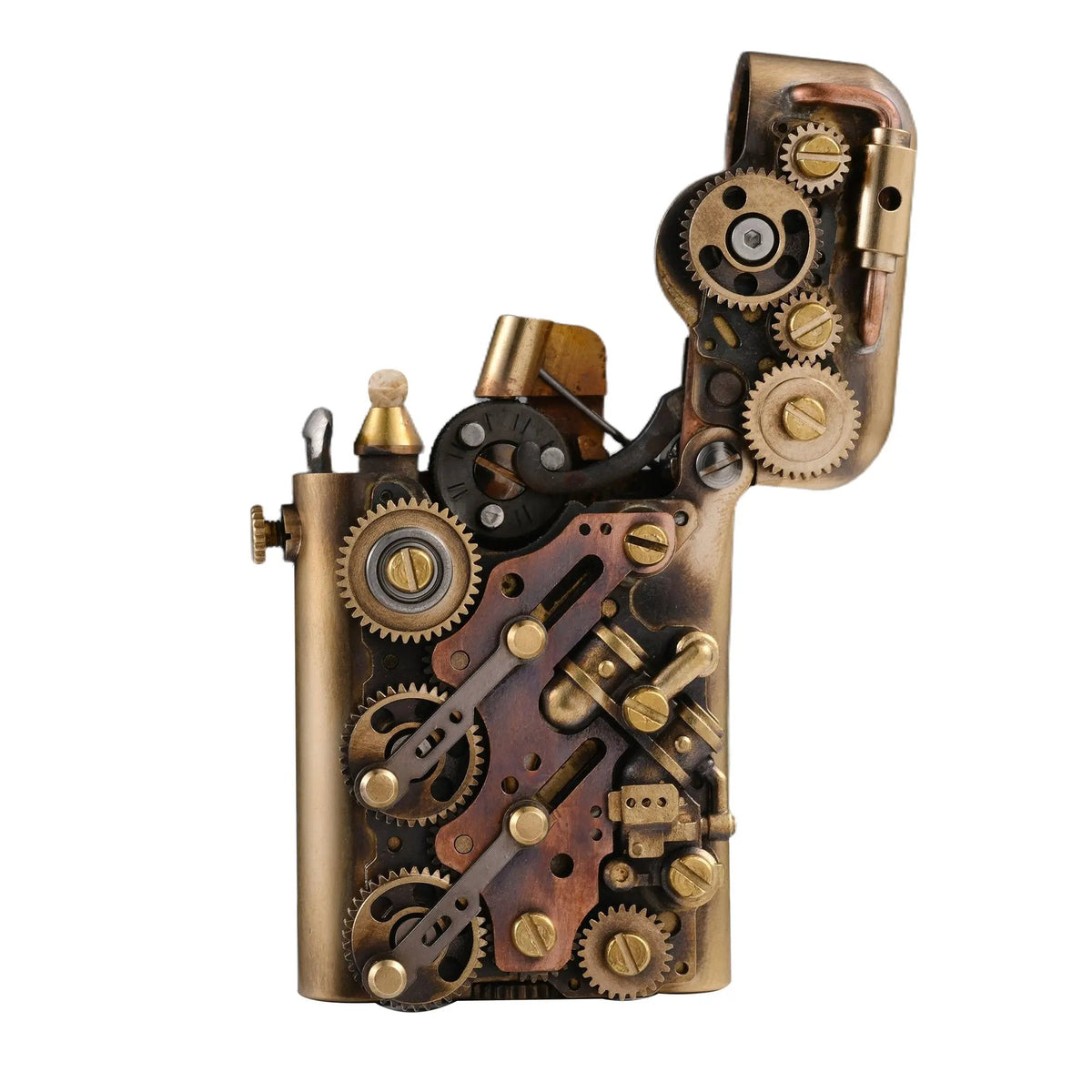 A side profile of the brass Steampunk-Twin Torque bottom-fill lighter with its lid open, showcasing the intricate internal gears and mechanical ignition structure.