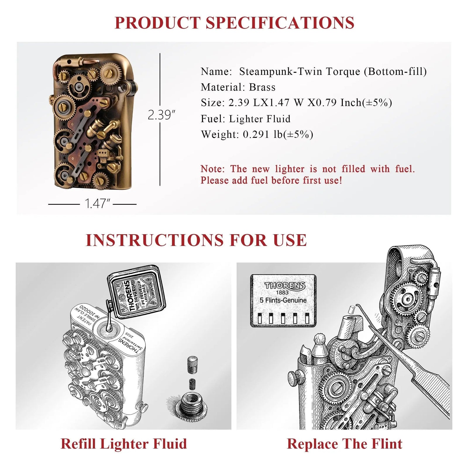 Product specifications and instructions for the brass Steampunk-Twin Torque lighter, demonstrating bottom-fill fluid refilling and flint replacement.