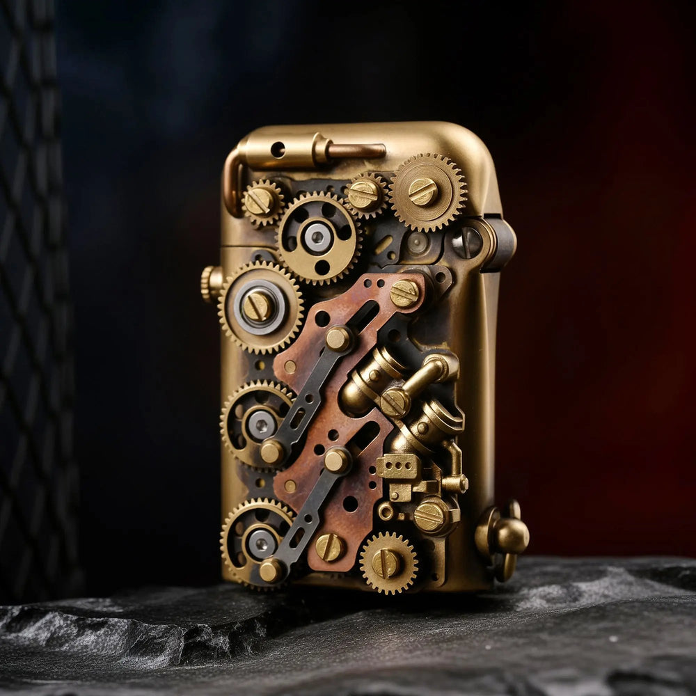 A Thorens Steampunk-Twin Torque side-fill lighter featuring a complex array of mechanical gears and copper accents on an aged brass body, resting on a dark stone surface.