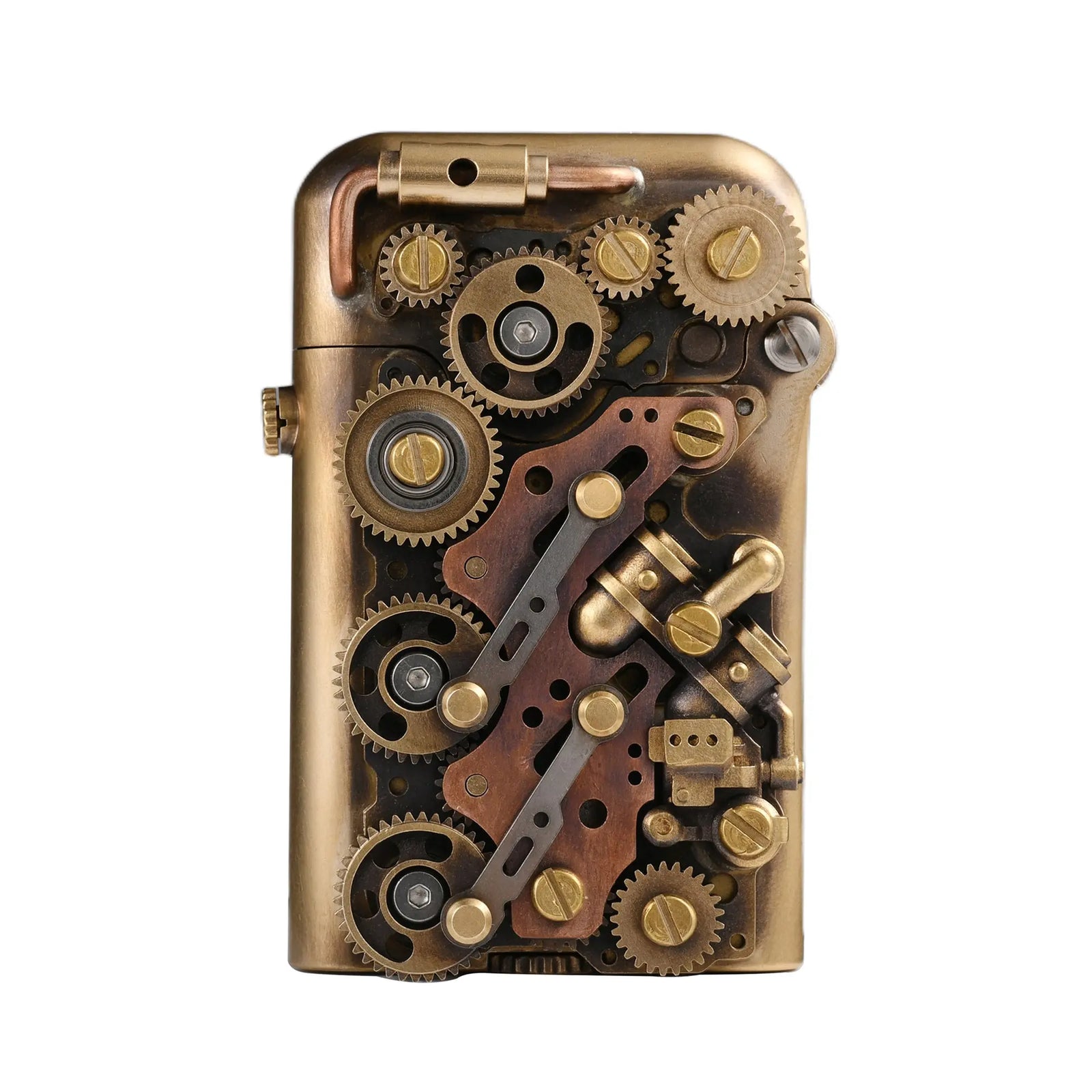 A specialized Steampunk-Twin Torque lighter in antique bronze, featuring a dense mechanical assembly of exposed brass gears, connecting rods, and industrial valves on a bottom-fill body.