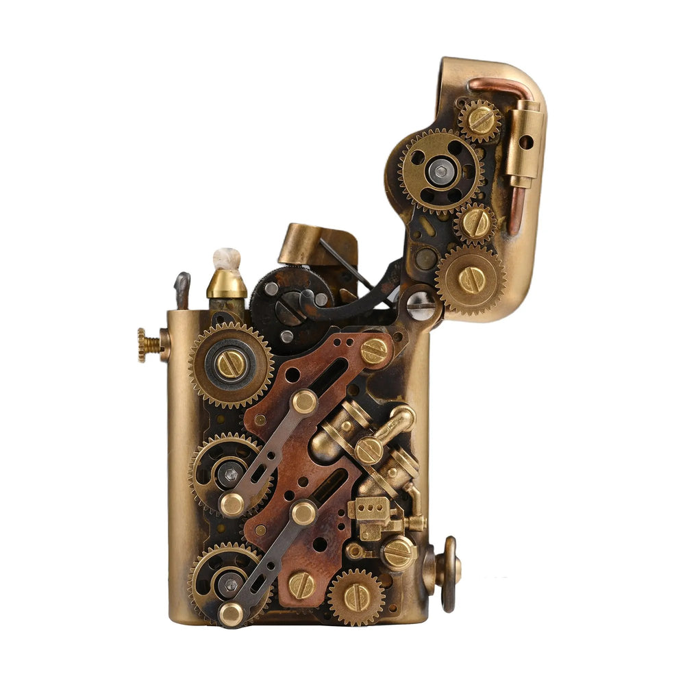 A side profile of the brass Steampunk-Twin Torque lighter with the lid open, revealing the intricate mechanical gear system and side-fill structure.
