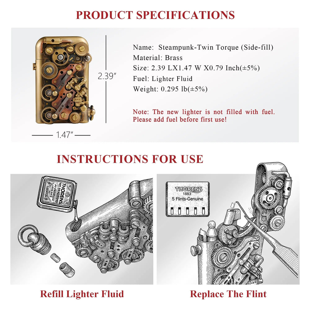 Product specifications and instructional diagrams for the brass Steampunk-Twin Torque lighter, detailing side-fill refueling and flint replacement.