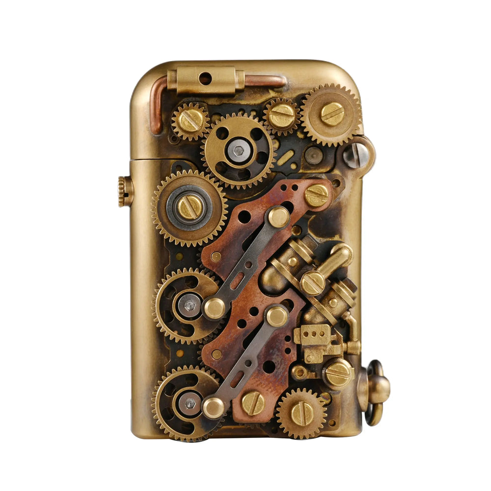 Intricate steampunk-style lighter featuring exposed brass gears and mechanical linkages on a handcrafted Twin Torque side-fill body.