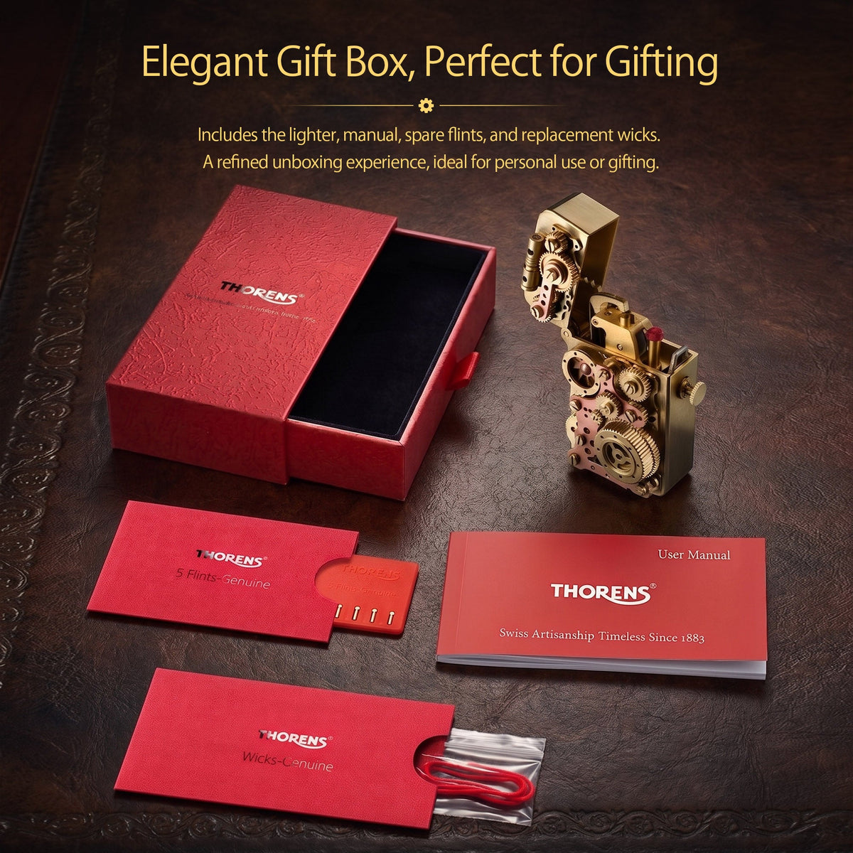 A Thorens Steampunk Gear Linkage lighter gift set featuring a red premium gift box, user manual, replacement wicks, and a pack of five flints.