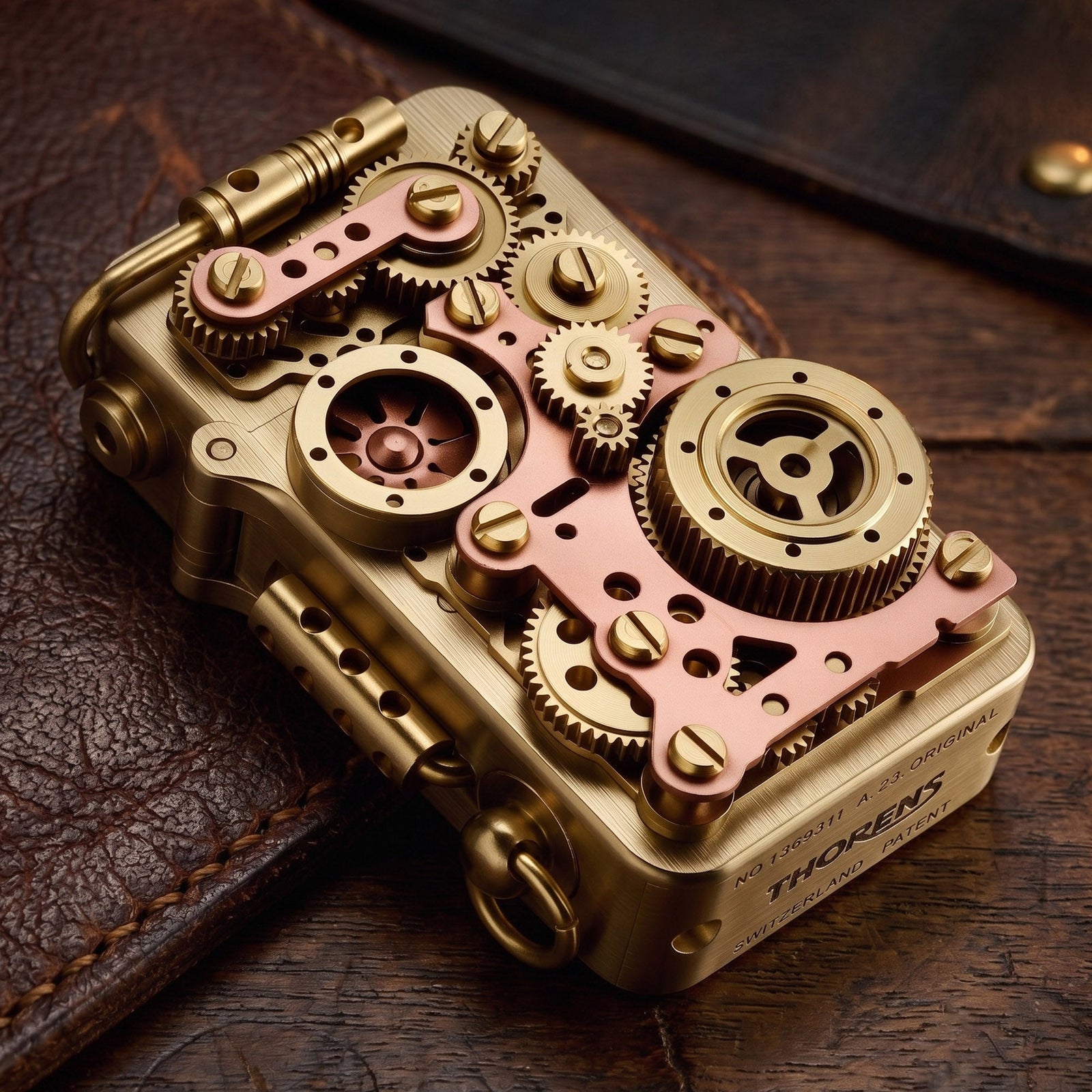 Intricate Steampunk lighter with functional brass and copper gear linkage mechanisms, resting on a black and white checkered chessboard.
