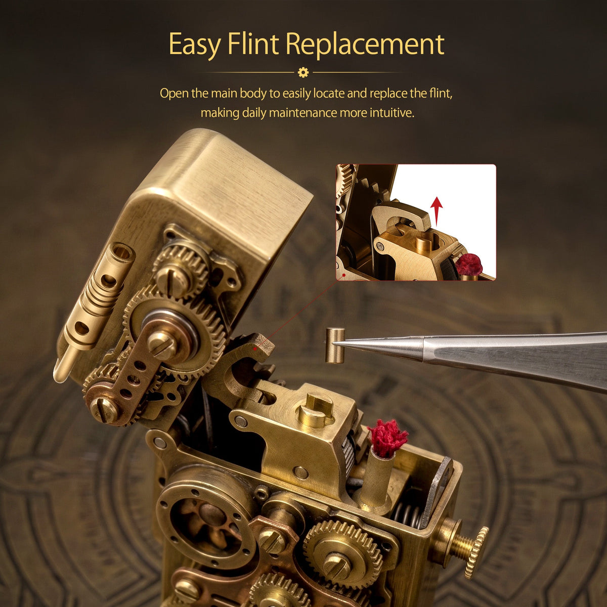 Thorens steampunk lighter with exposed brass and copper gear linkage system, lying on a chessboard, showcasing its complex mechanical structure.