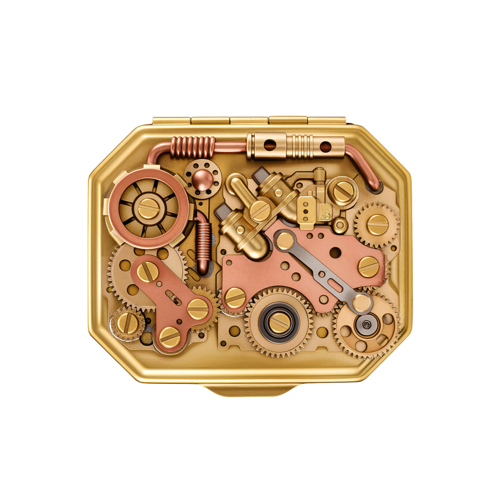 Thorens Steampunk Matchbox Twin Torque lighter featuring exposed brass gears, copper plates, and intricate mechanical components arranged within the octagonal case.