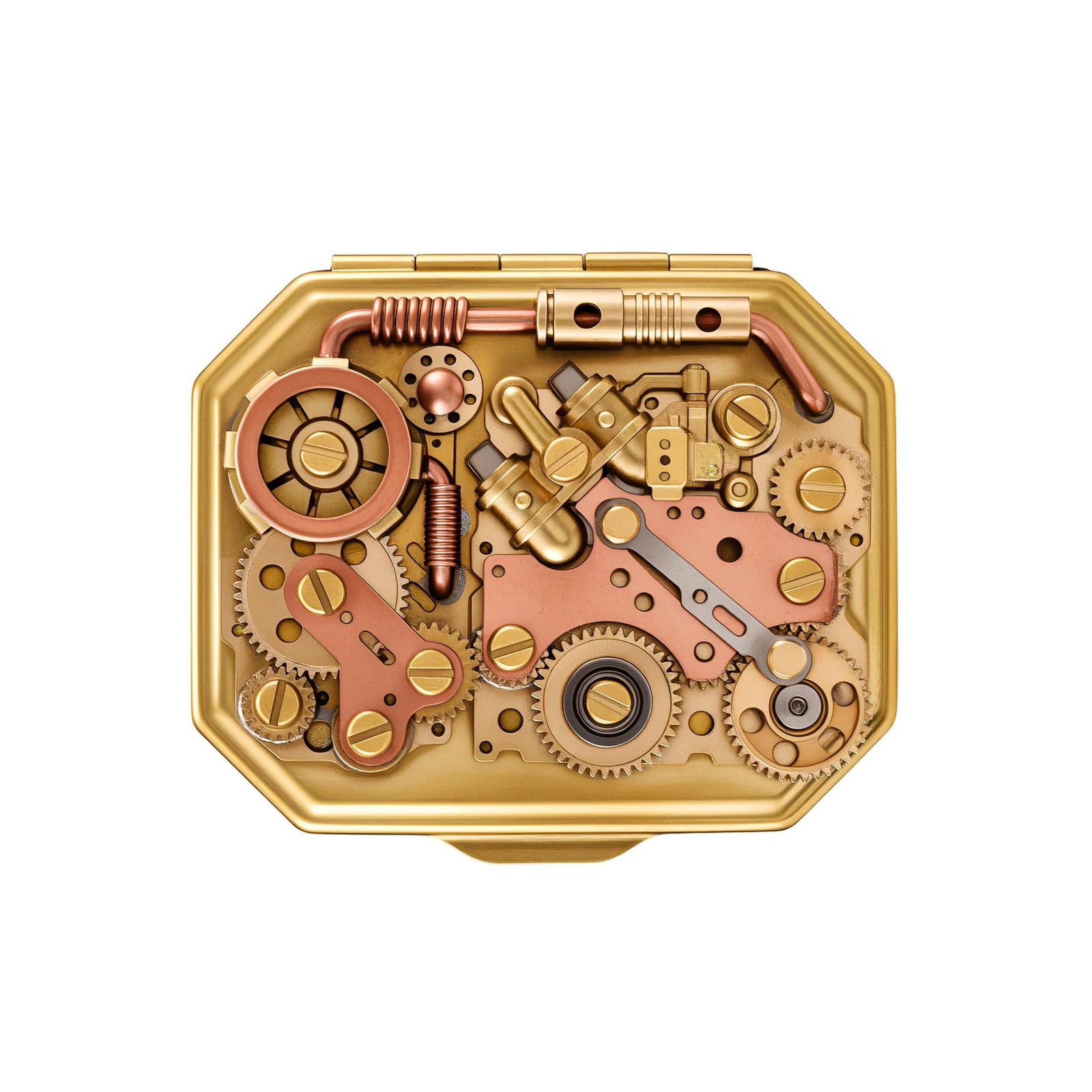 Thorens Steampunk Matchbox Twin Torque lighter featuring exposed brass gears, copper plates, and intricate mechanical components arranged within the octagonal case.