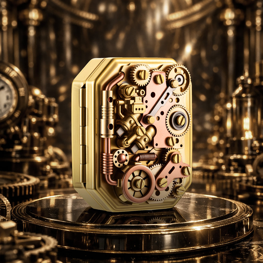 Thorens Steampunk Matchbox Twin Torque lighter featuring exposed brass gears, copper plates, and intricate mechanical components on a textured wooden surface.